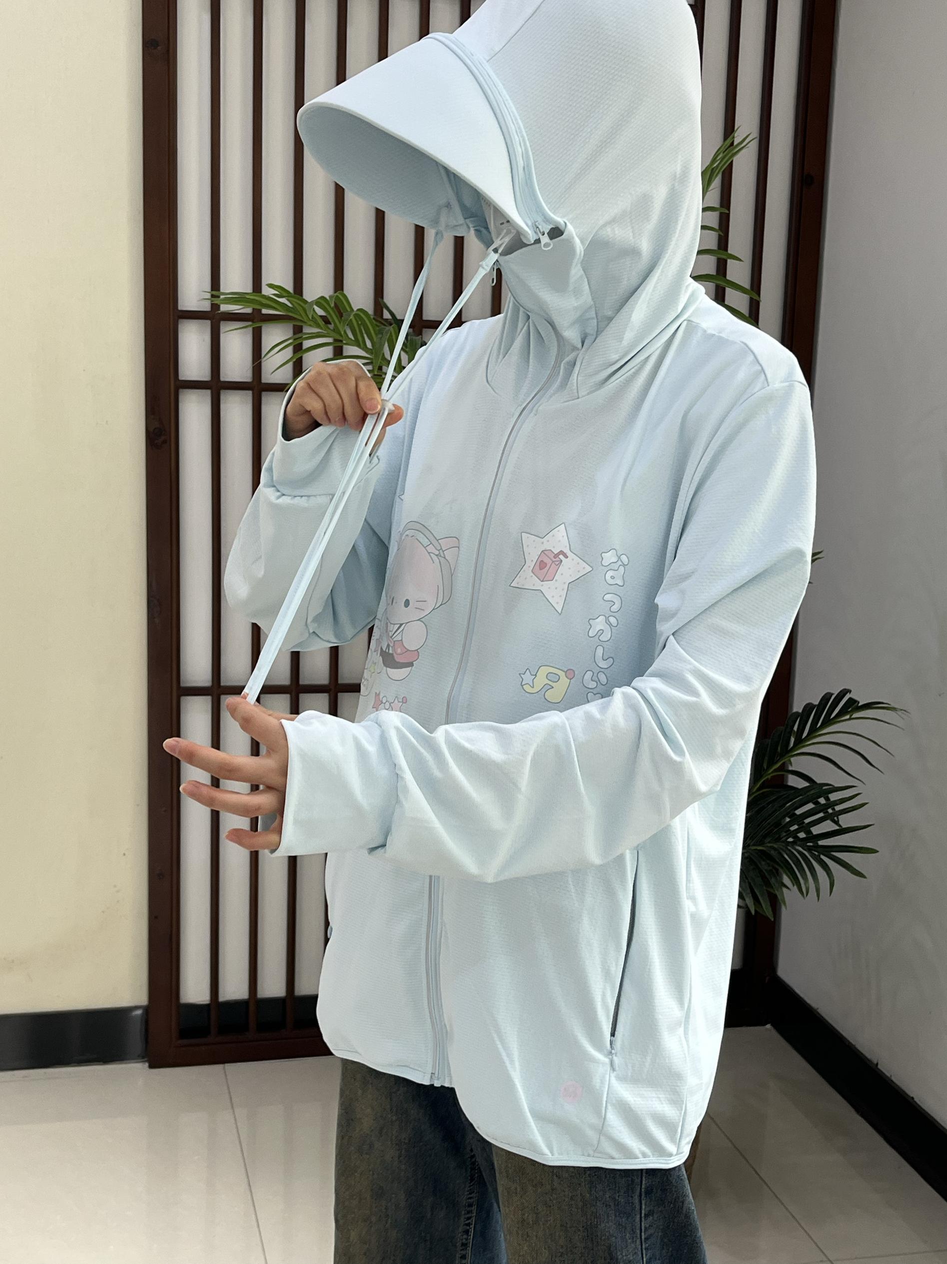 Water blue jirai kei UV protection jacket featuring adorable kawaii cat and star print design, detachable hood construction for full-body sun coverage