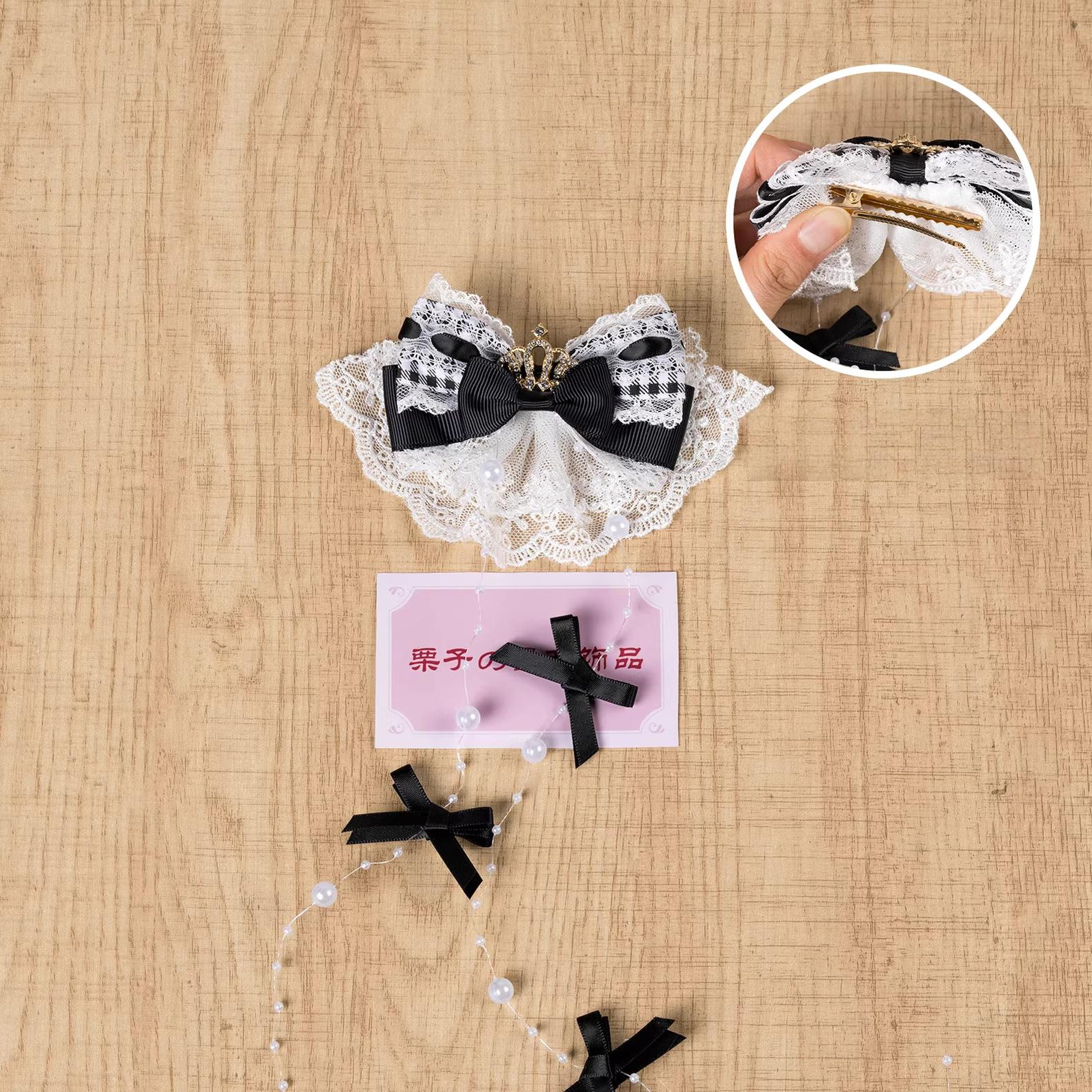 Plaid black Jirai Kei hair clip with checkered bow, lace details, and cascading pearl chains - right-facing opening option
