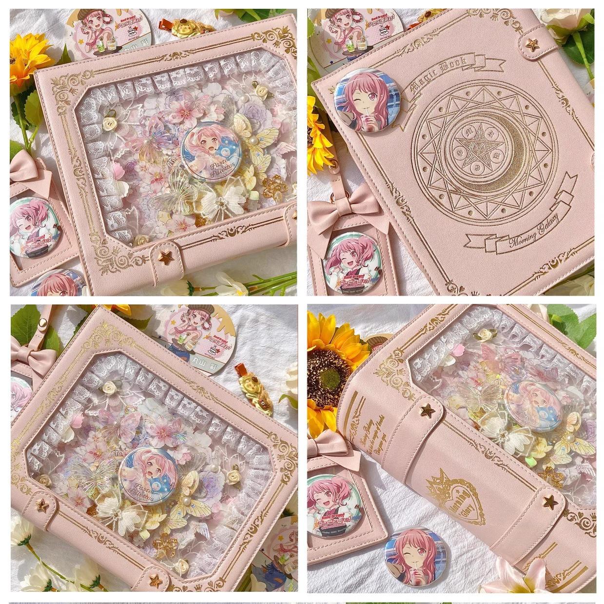 Cream white vintage grimoire Jirai Kei ita crossbody bag with gold border and beige bow card pouch detail
