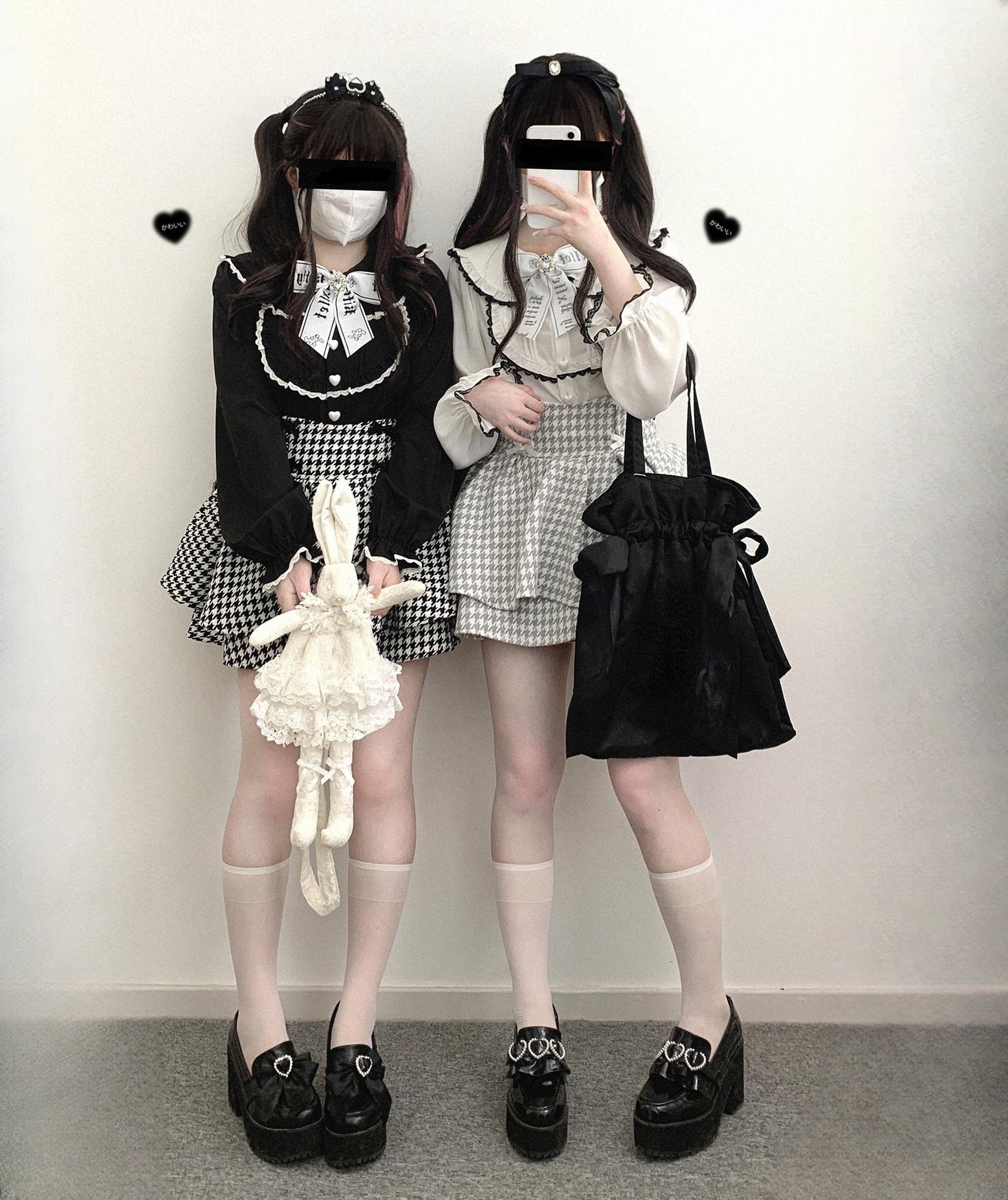 Jirai Kei peter pan collar blouse with bunny ear back detail full body front view black white coordinate