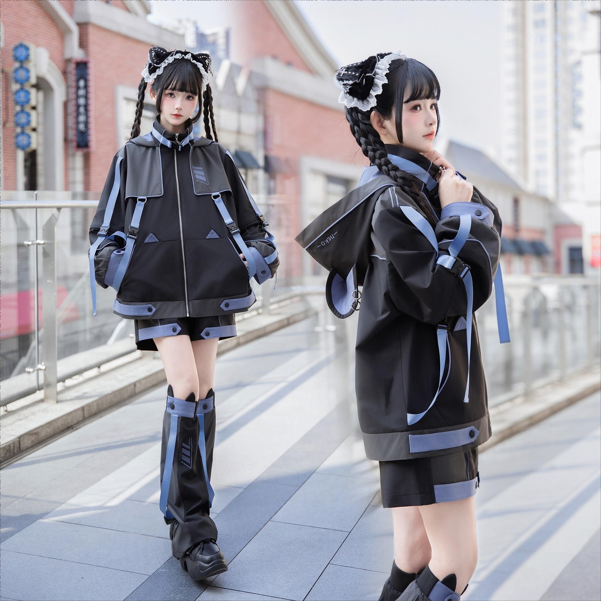 Dual styling options of Jirai Kei techwear set - left shows unhooded zip jacket variant, right displays signature cat ear hood design
