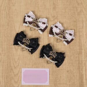 Ryousangata bow hair clips collection flat lay featuring multiple color variants including black white red and brown with crown charm and pearl heart decorations and delicate lace trim arranged on wooden surface jirai kei aesthetic