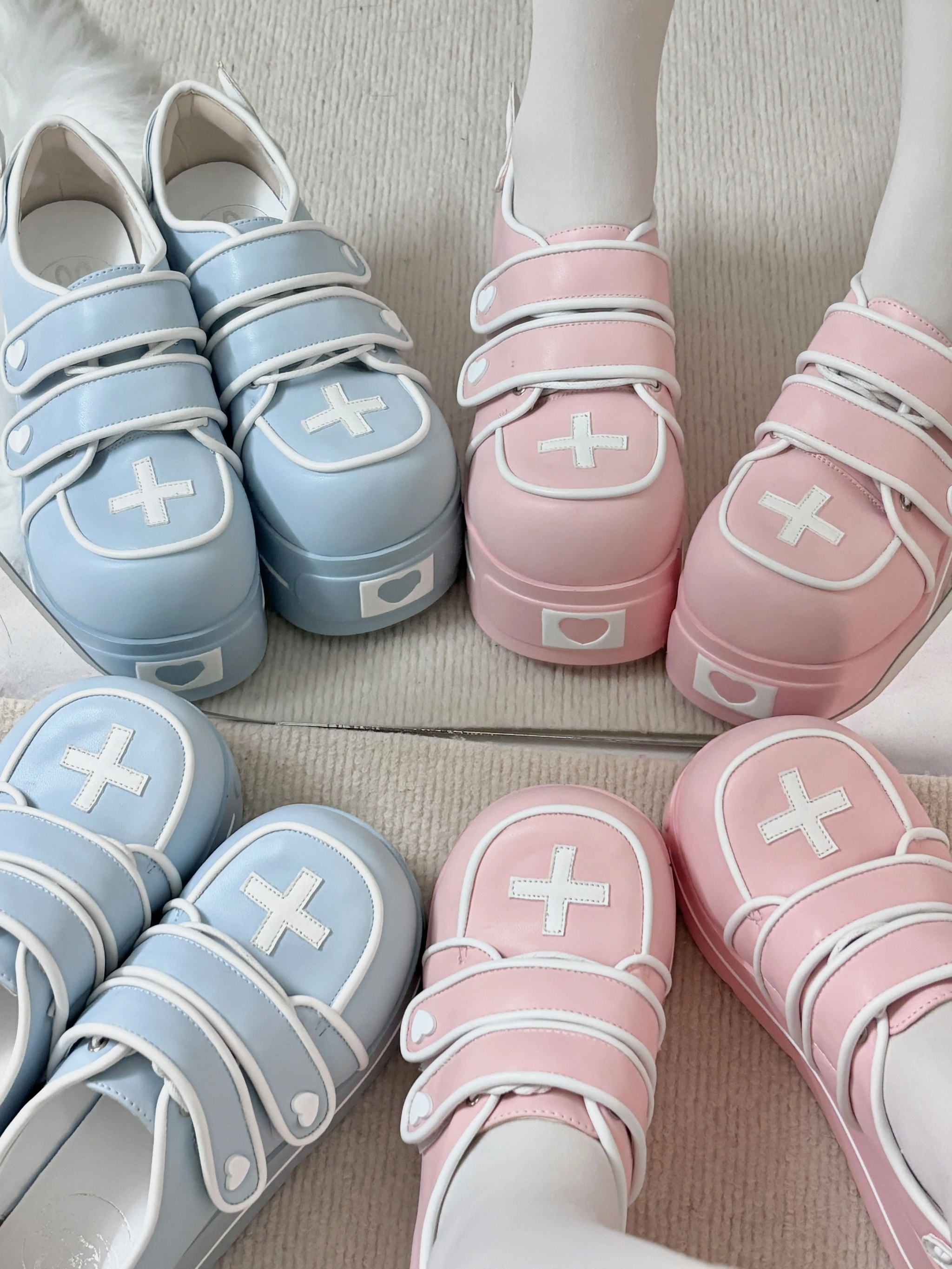 Angel heart platform shoes collection flat lay top view multiple color variants white pink light blue black thick chunky sole Tenshi Kaiwai aesthetic