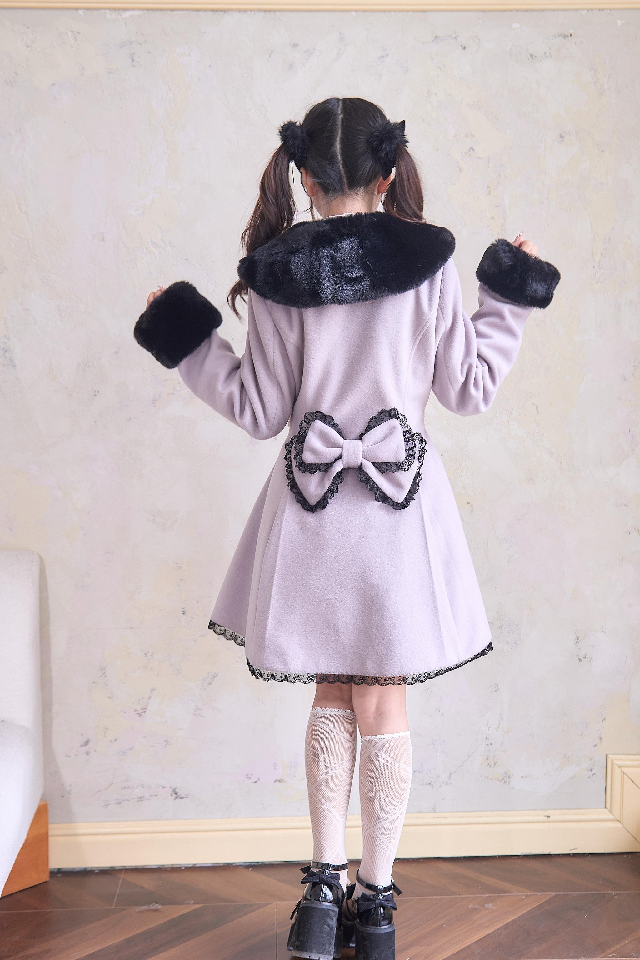 Violet Landmine Winter Coat Back View with Large Lace Frill Bow and Black Fur Trim - Jirai Kei Statement Piece