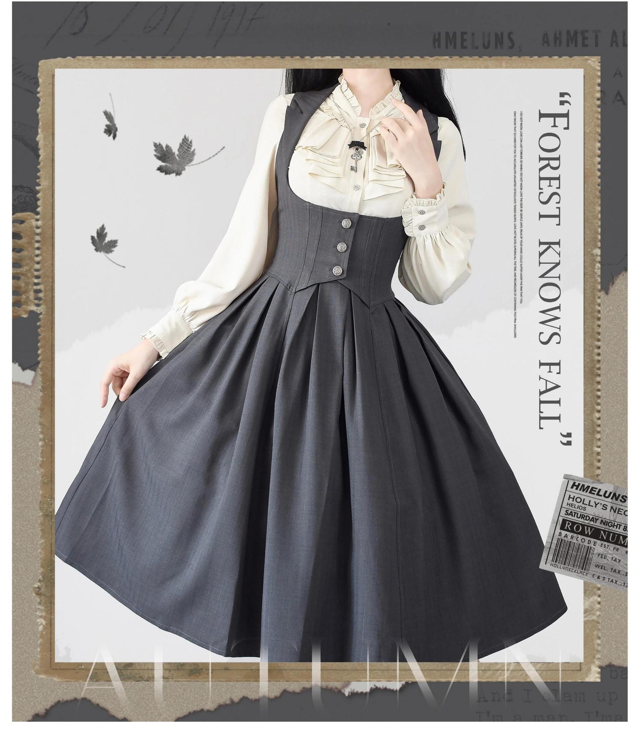 Classic Jirai Kei corset Lolita dress front three-quarter hand touching collar pleated midi skirt buttoned