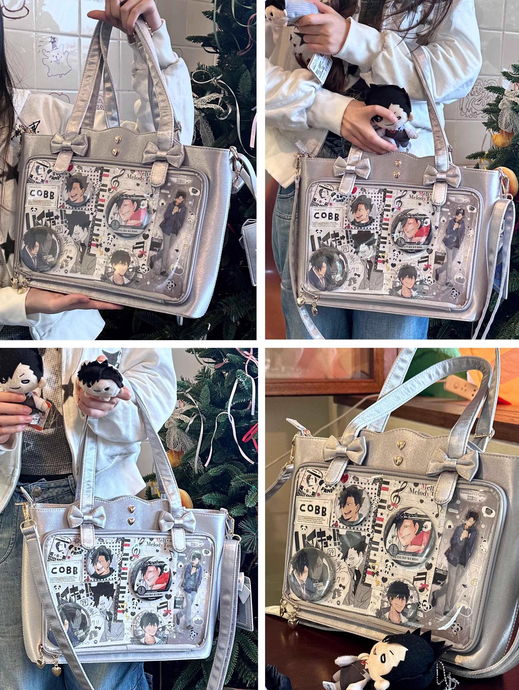 Jirai Kei ita bag transparent display window close-up showing clarity for showcasing anime character badges, trading cards, and pin collection, large viewing area for personal expression