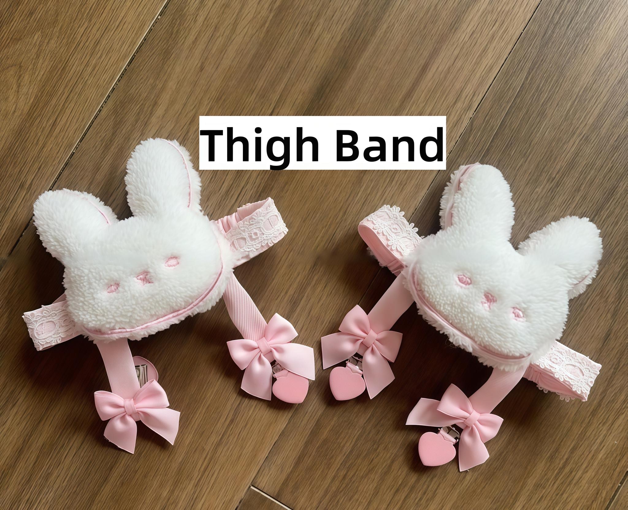 Rabbit-themed elastic thigh band leg accessory in Jirai Kei aesthetic showcasing cute bunny print and elastic construction for comfortable all-day wear coordination with cat-print outfits