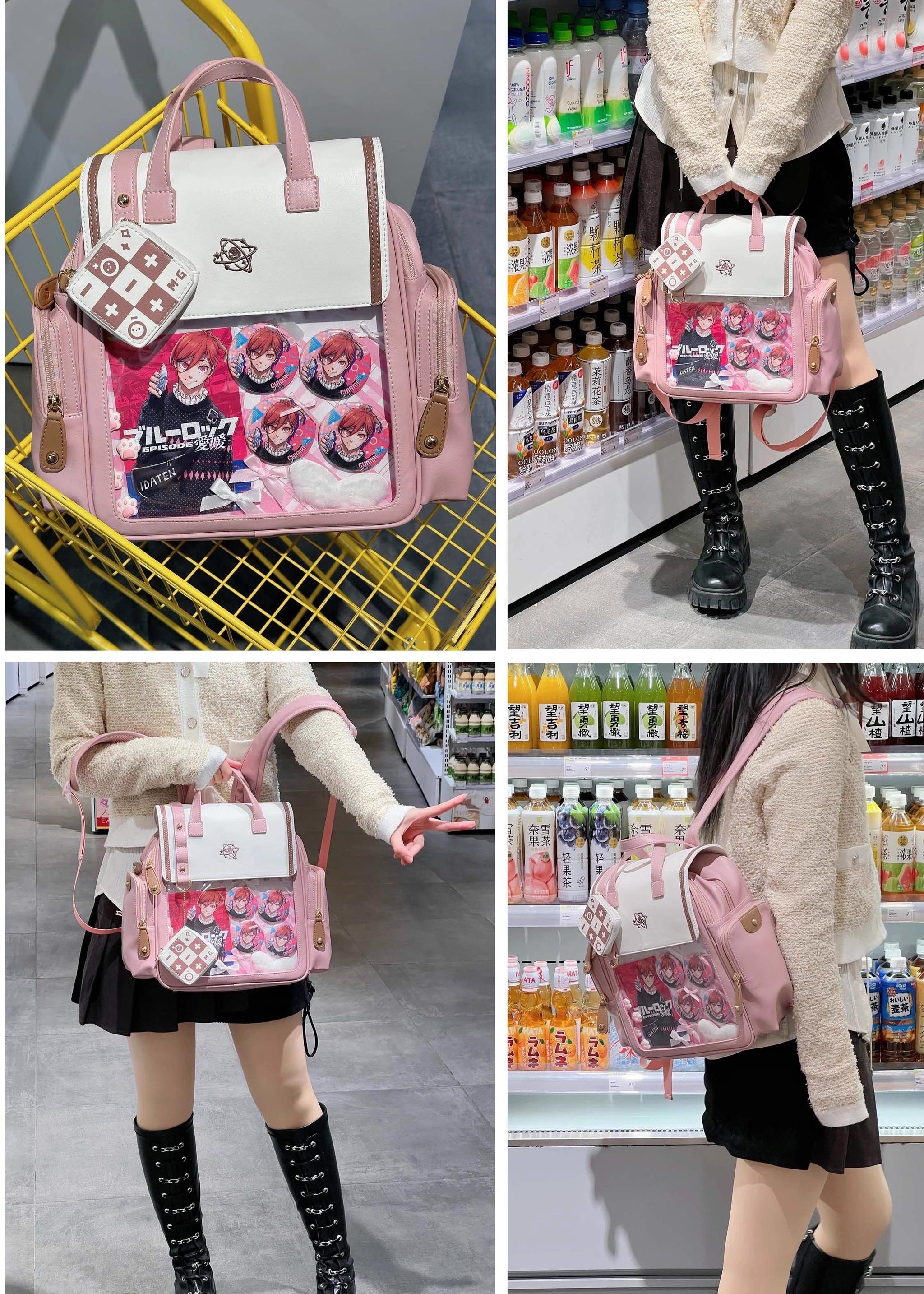 White and khaki two-tone Jirai Kei itabag backpack showing delicate embroidery and mini hanging pocket detail