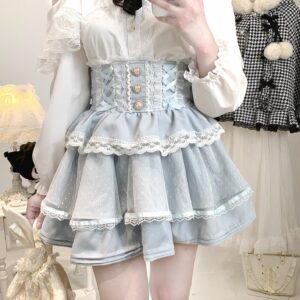 Water Blue Ryousangata High-Waist Tiered Ruffle Skirt - Jirai Kei Multi-Layer Polka Dot Tulle Design with Lace Trim