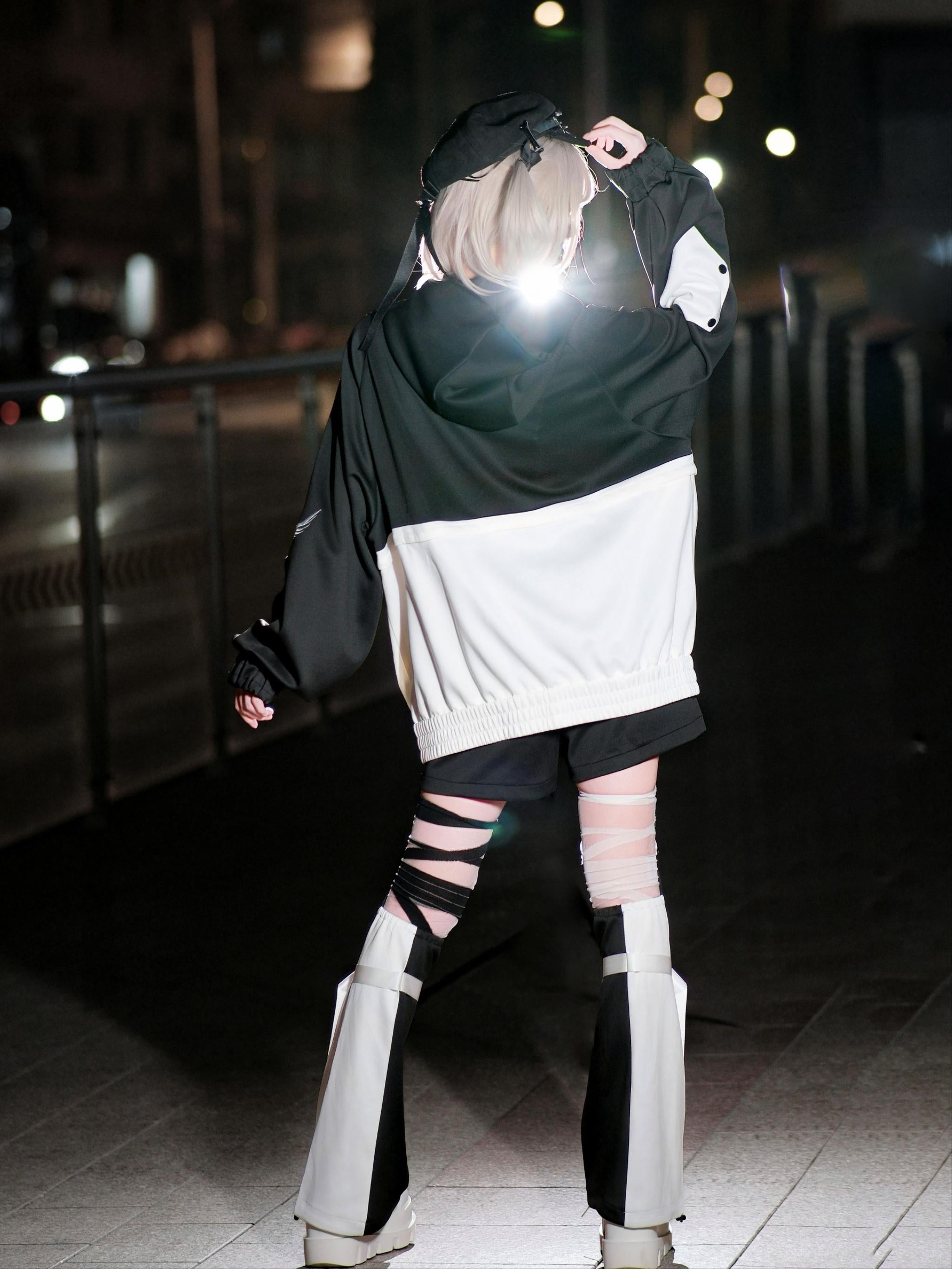 Black white cyberpunk jirai kei hoodie set back view oversized color block hoodie ripped leg covers platform shoes night aesthetic