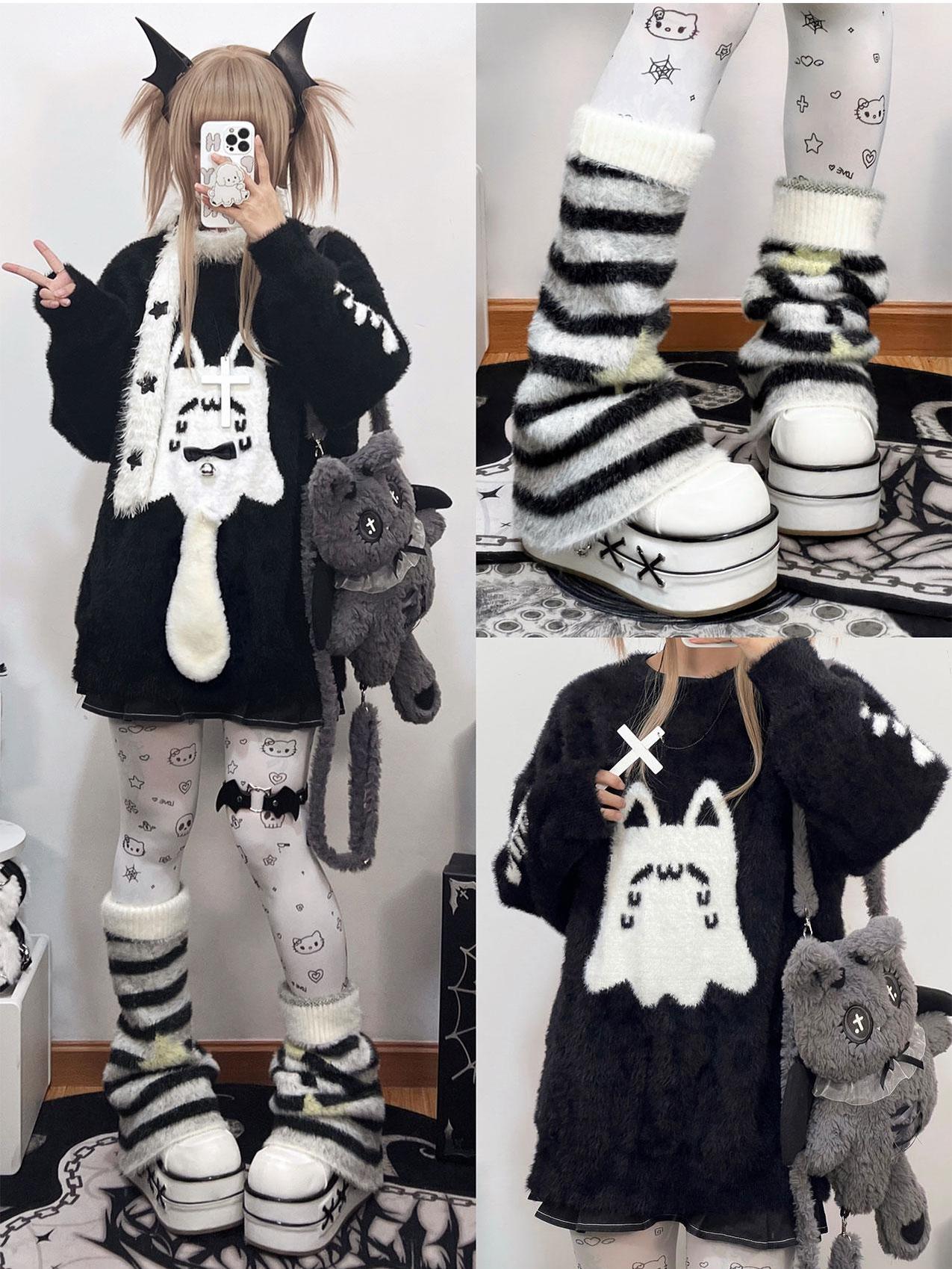 Detachable tail accessory for Jirai Kei ghost cat couple sweater channeling cat motif aesthetic movement and silhouette