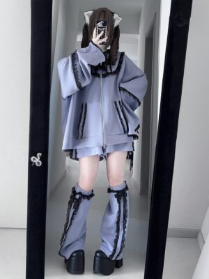 Light purple oversized Jirai Kei hoodie with lace collar trims and rabbit ear hood paired with ruffled purple leg warmers and platform boots, full-body front mirror selfie