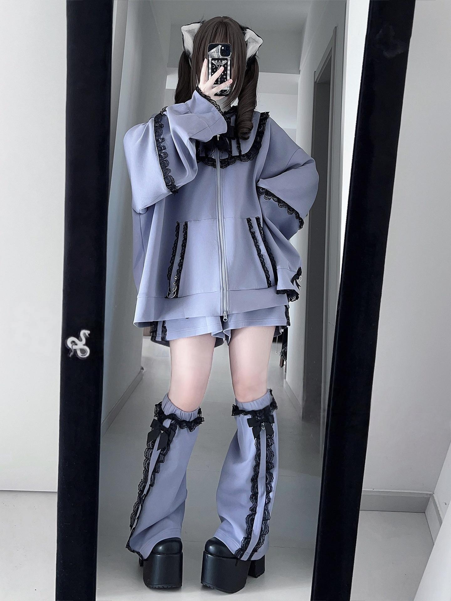 Light purple oversized Jirai Kei hoodie with lace collar trims and rabbit ear hood paired with ruffled purple leg warmers and platform boots, full-body front mirror selfie