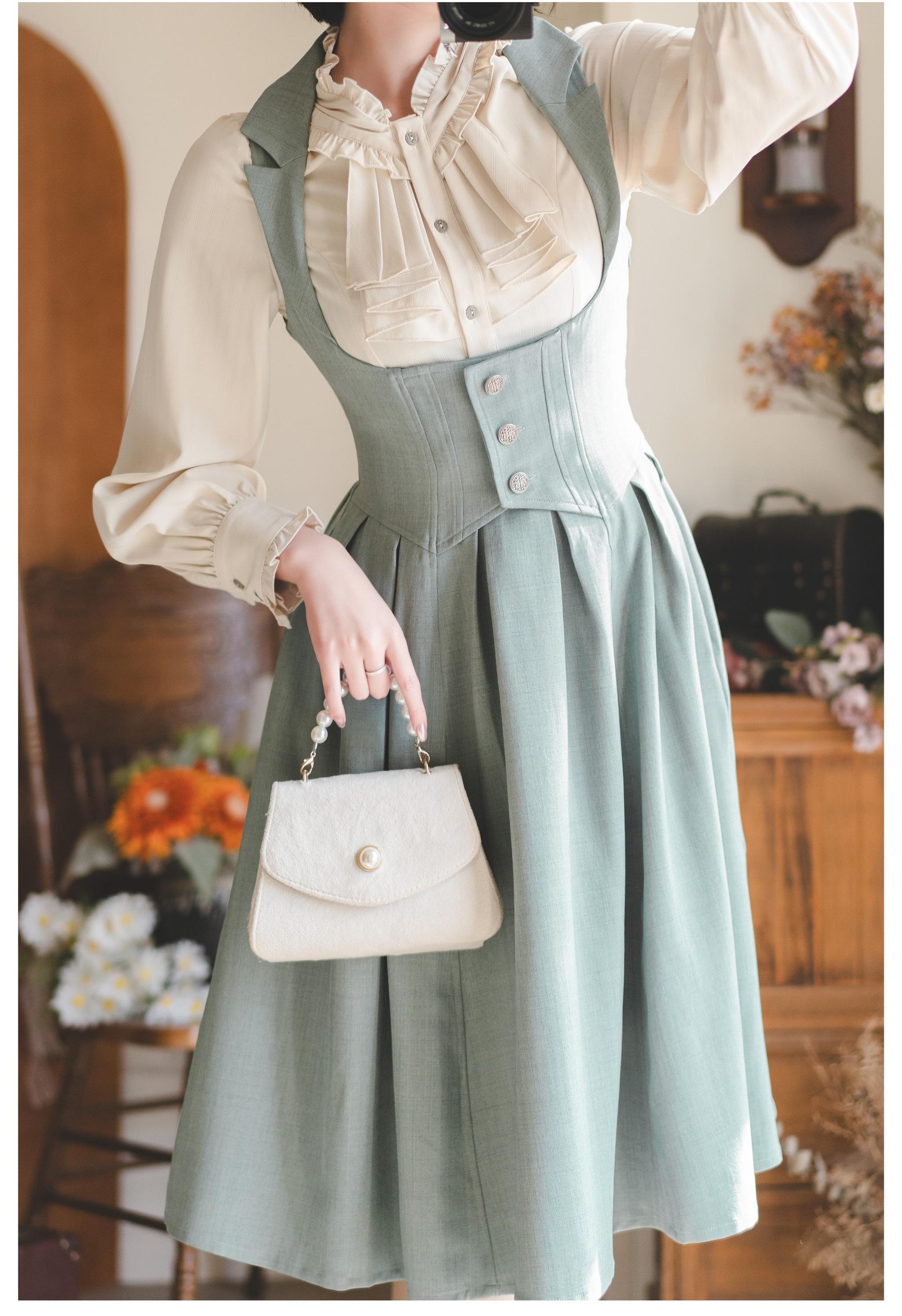 Jirai Kei Lolita corset dress sleeve detail bishop sleeve ruffled blouse delicate button accents