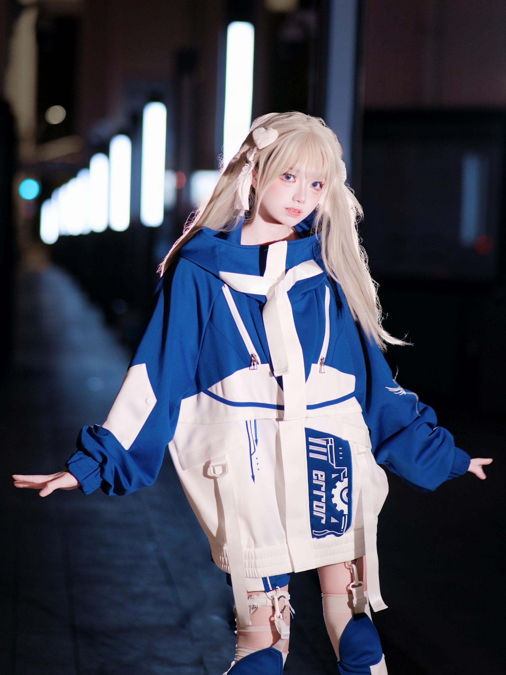 Cyberpunk jirai kei outfit styling guide showing jacket worn long configuration protective coverage mode