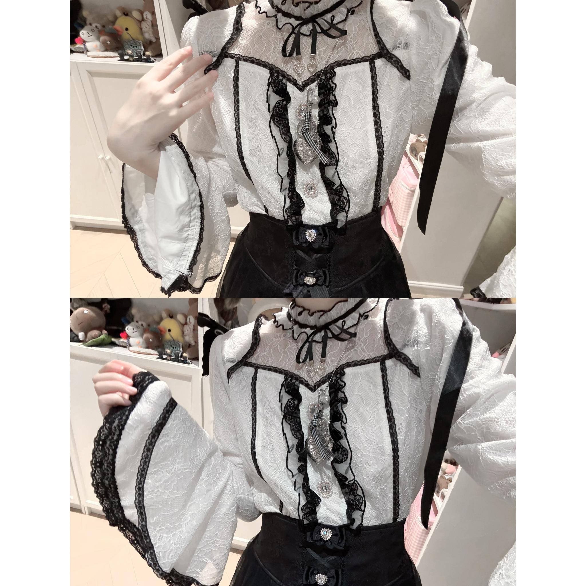 Jirai kei hime sleeve blouse rhinestone pearl decoration lace detail close-up