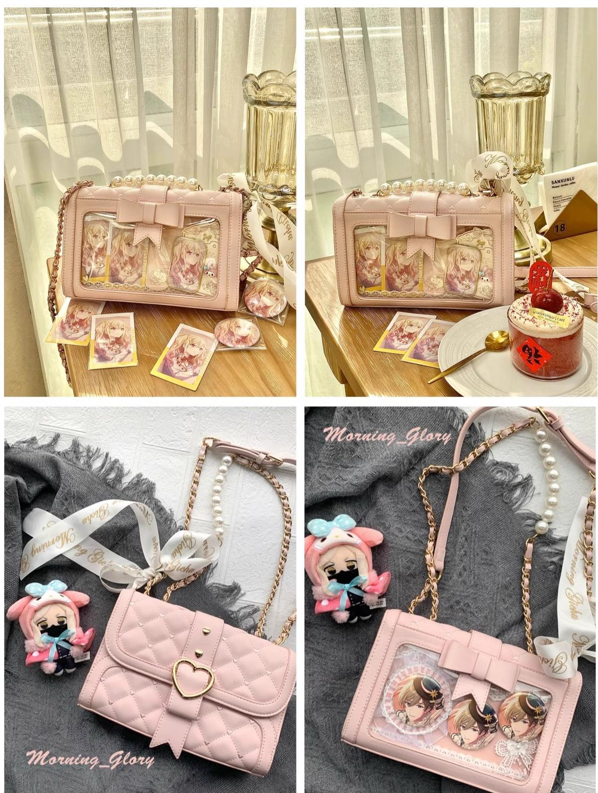 Removable bow decoration for jirai kei ita bag showcasing optional styling customization for transparent layer