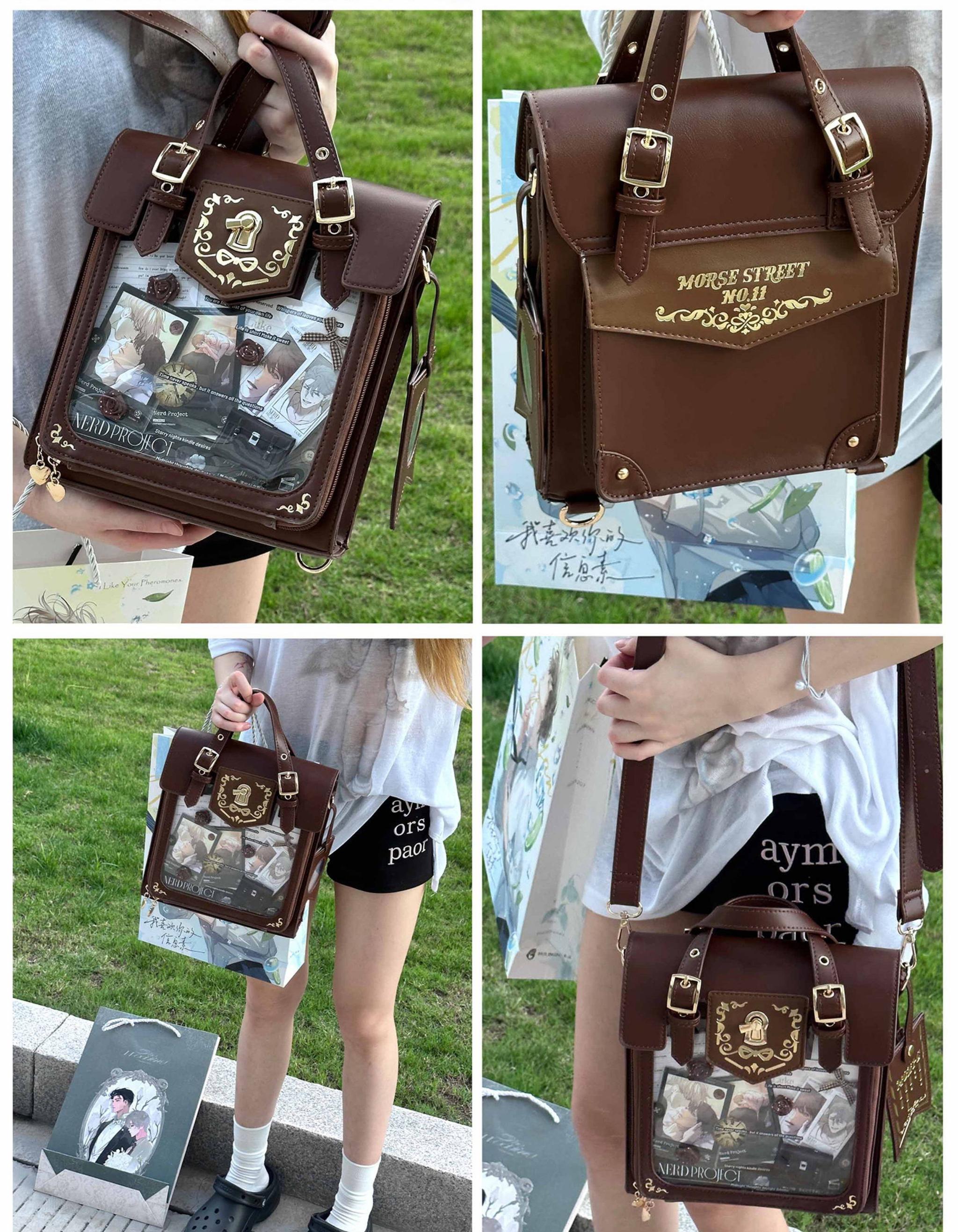 Vintage Jirai Kei ita bag feature overview highlighting crystal-clear acrylic window, detachable crossbody strap versatility, and premium embroidered craftsmanship details