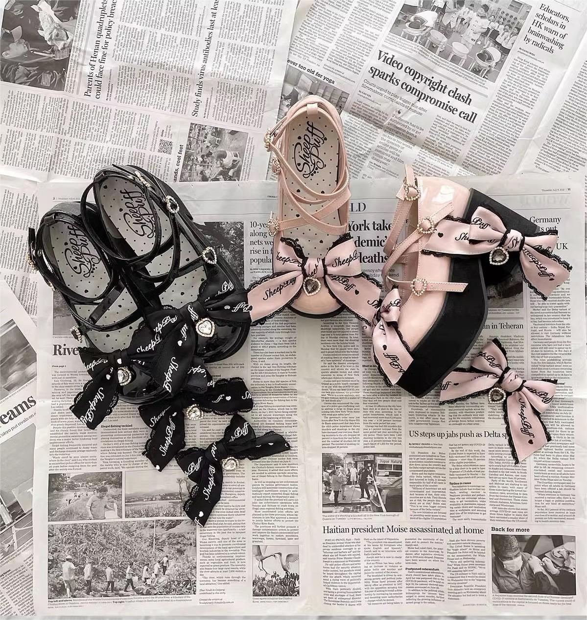 Lifestyle photography of black platform Mary Jane Jirai Kei shoes worn with white socks and styled outfit featuring alternative fashion aesthetic and subculture appeal