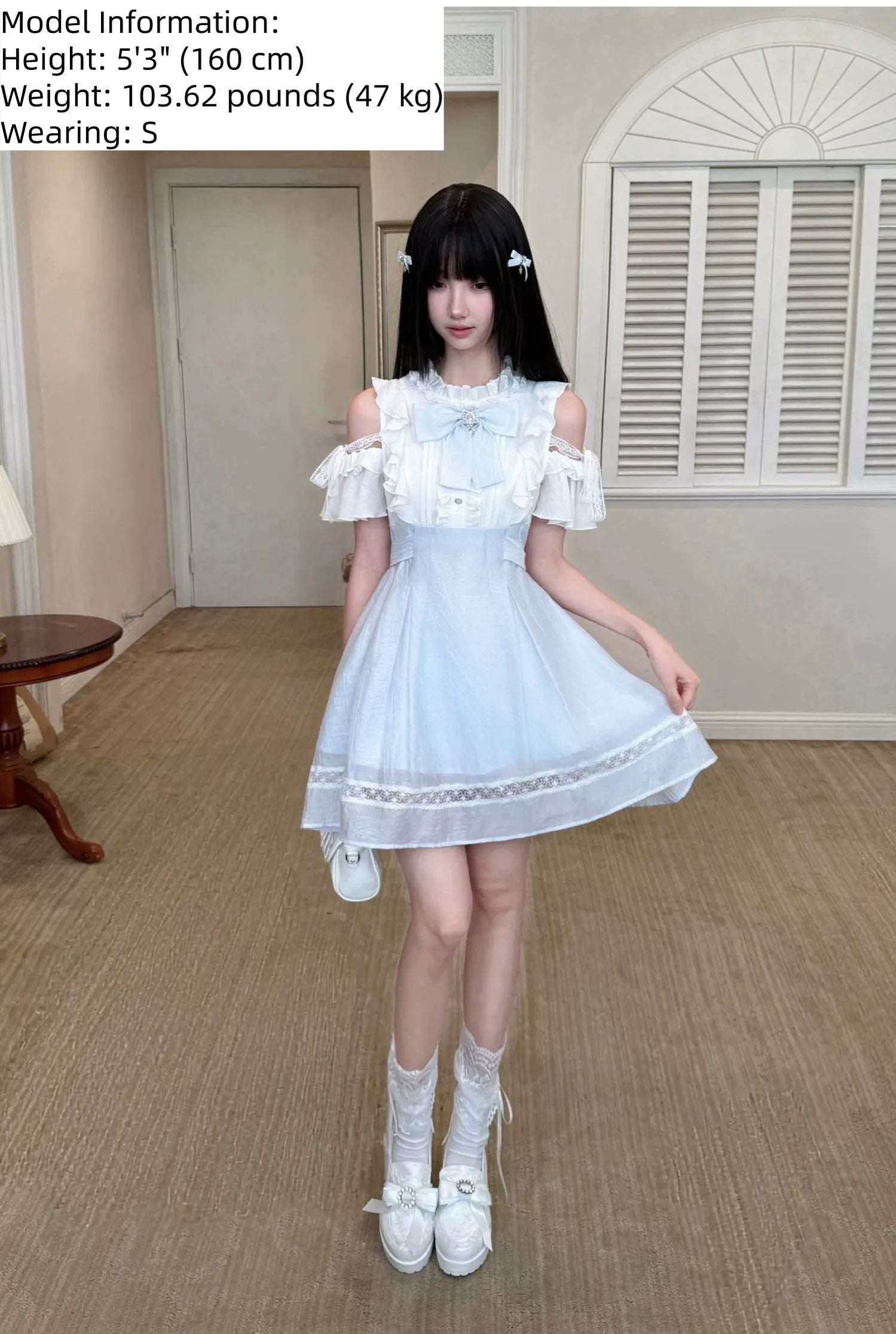 Seiso Kei dress size comparison showing short and long dress length options in blue and white color block