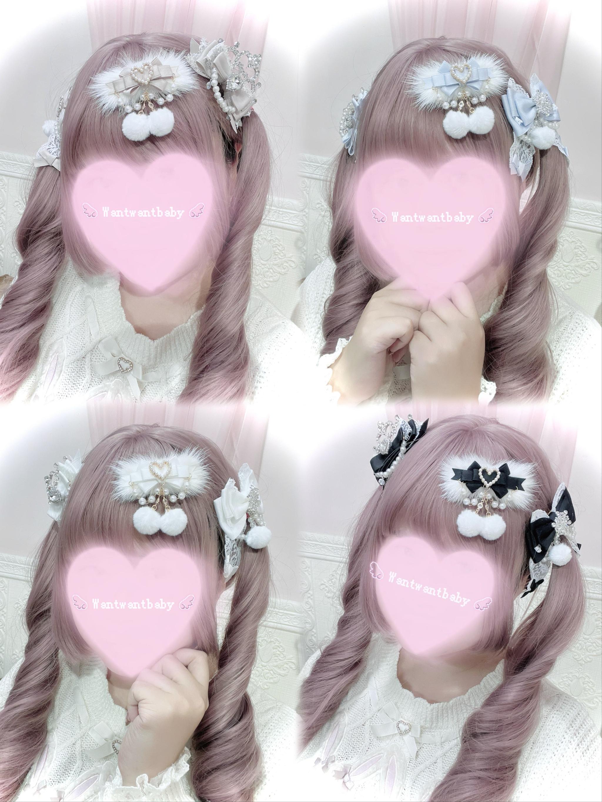 Multiple color ryousangata pom-pom hair clips collection including black white aqua taupe on female models with purple curly hair, jirai kei lolita hair accessory color options