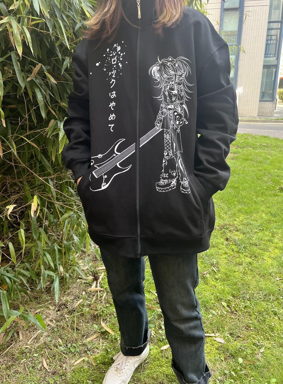 Jirai Kei anime character graphic hoodie back view showing oversized fit and polka dot collar design