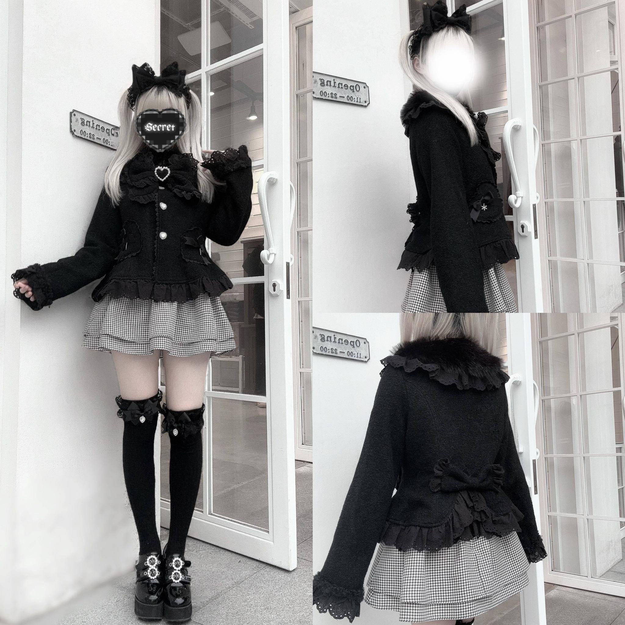 Ryousangata Jirai Kei wool-blend coat with premium faux fur collar lace trim and heart pockets, artistic fashion photography lifestyle image