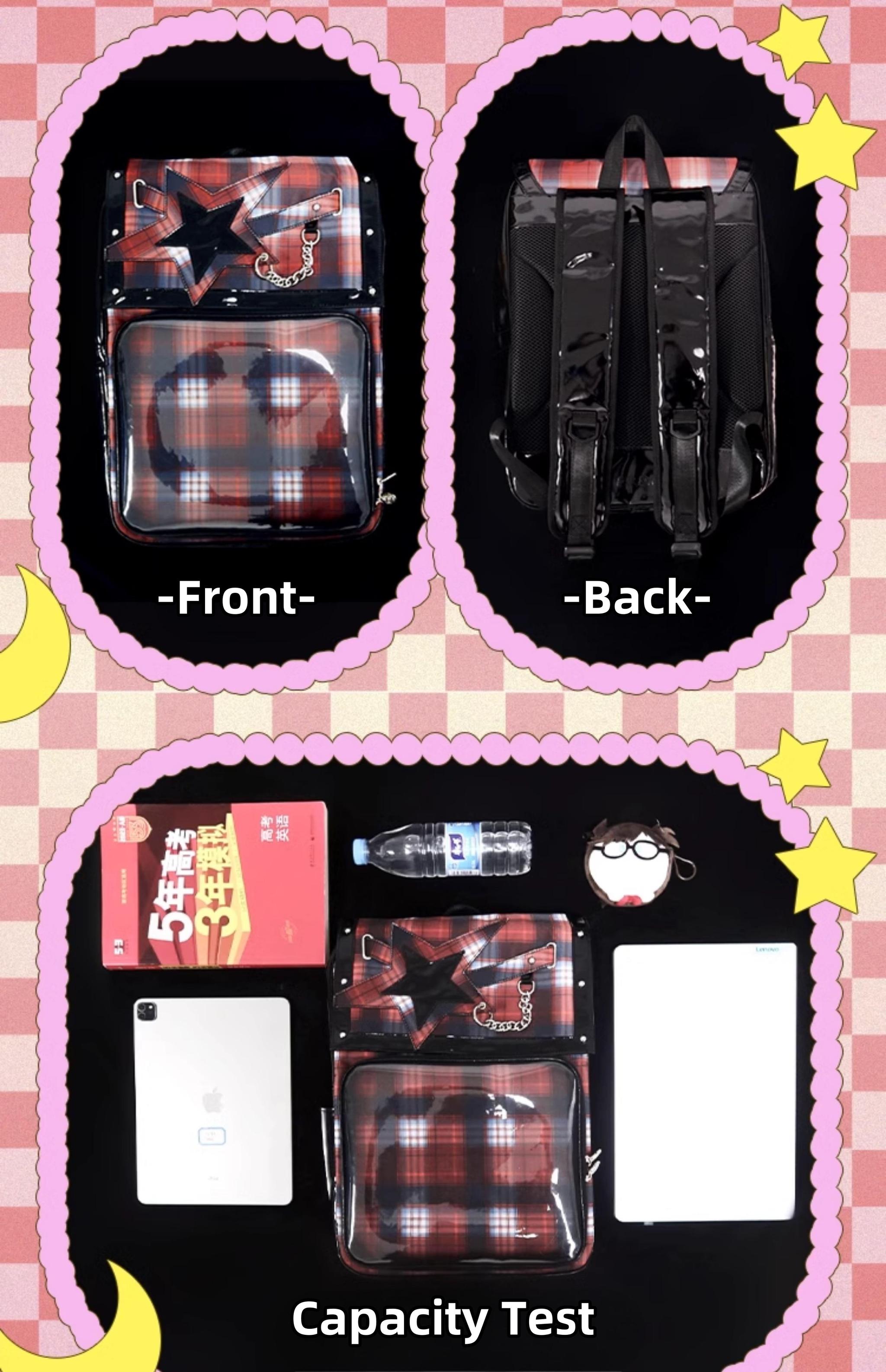 Pink-purple plaid star ita backpack angle showing depth of tartan pattern and badge window