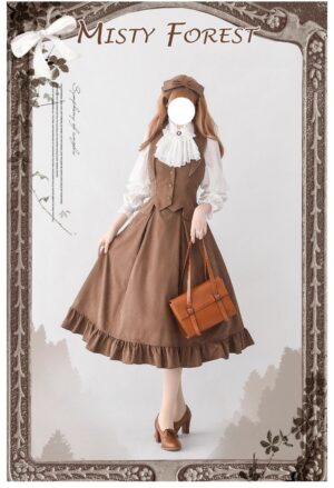 Single Lolita vest and skirt suit side front full-body view on mannequin model with vintage frame background, brown suede-like brushed twill fabric texture, button-front vest with curved hemline, midi A-line skirt with ruffled hem detail