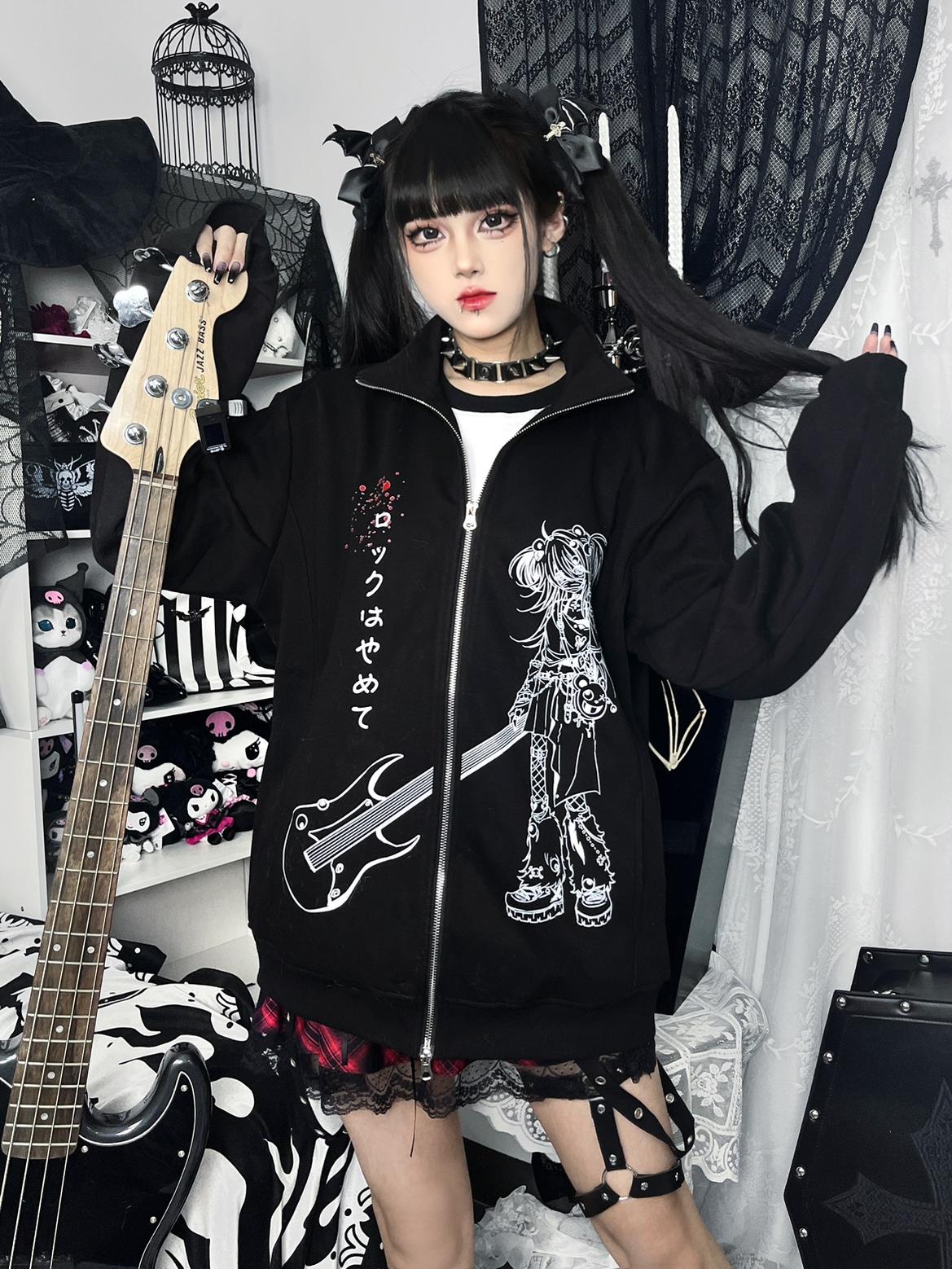 Jirai Kei subculture zip hoodie front shot with hand holding bass guitar neck in gothic bedroom setting