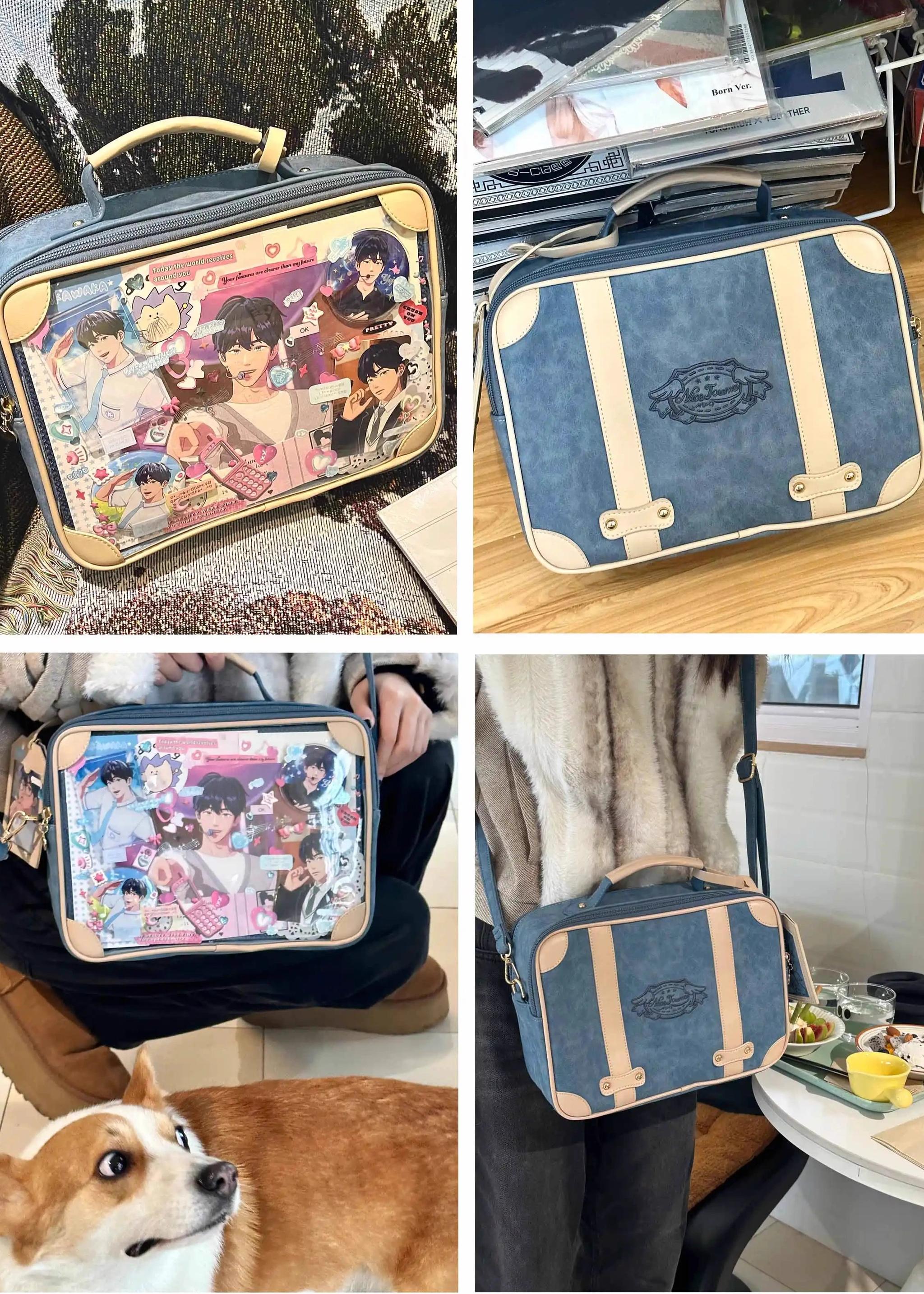 Cream grey-blue jirai kei vintage square itabag cool neutral variant full view transparent display cool blue-grey leather trim
