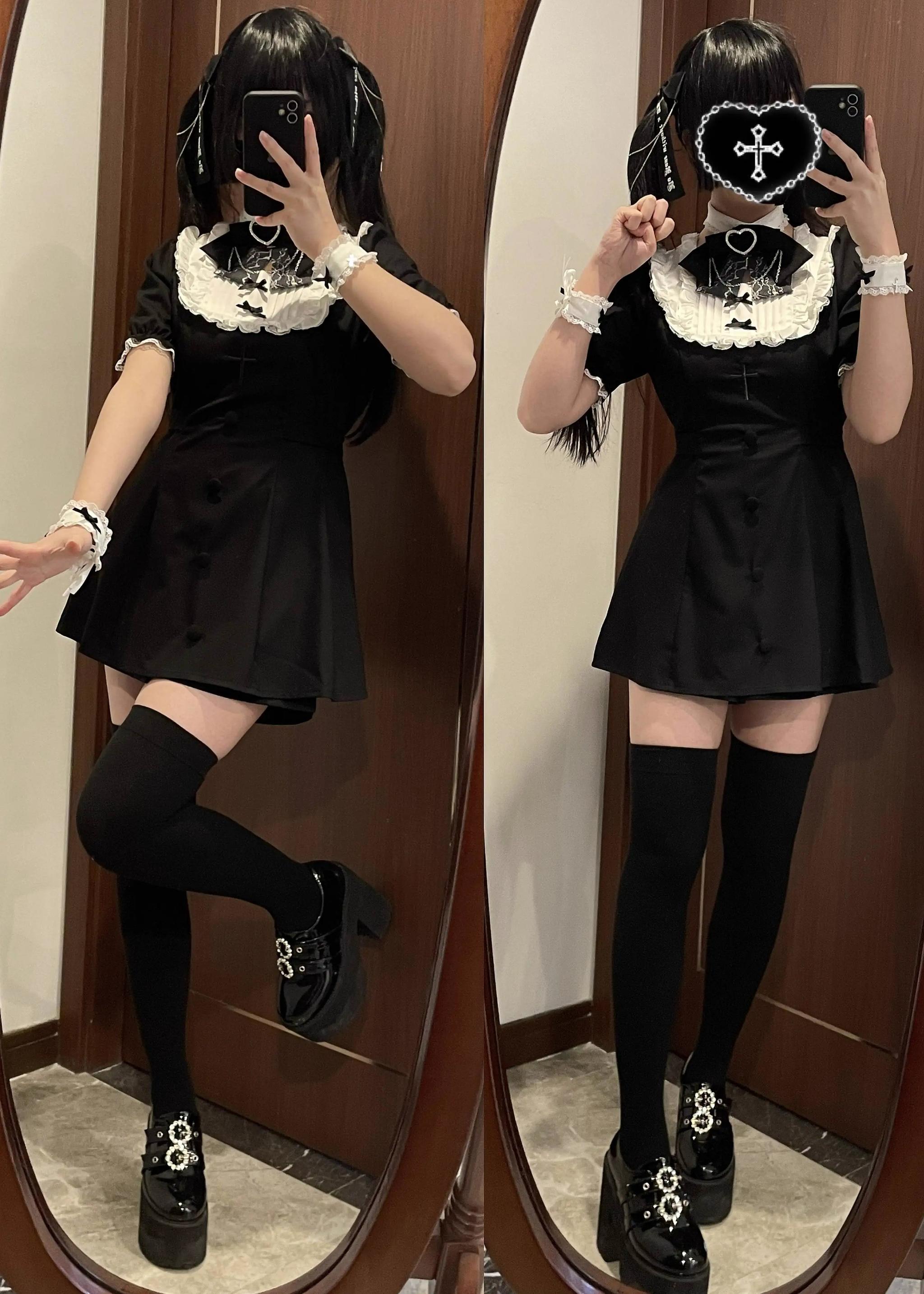 Jirai Kei lace dress shorts set square neckline puffed short sleeves decorative bow detail close-up