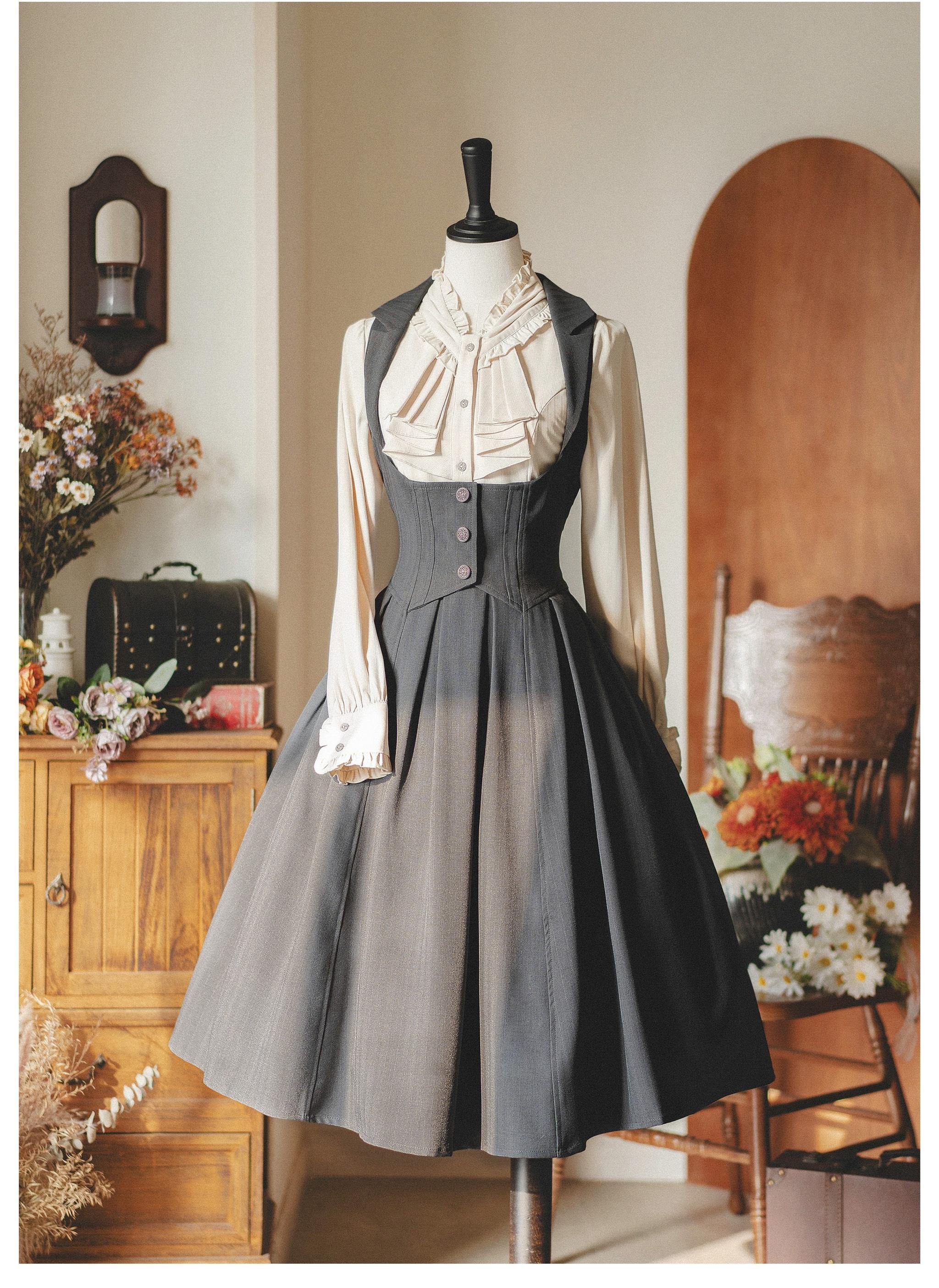 Classic Lolita corset dress full front on dress form light grey-brown matching ruffled blouse pleated