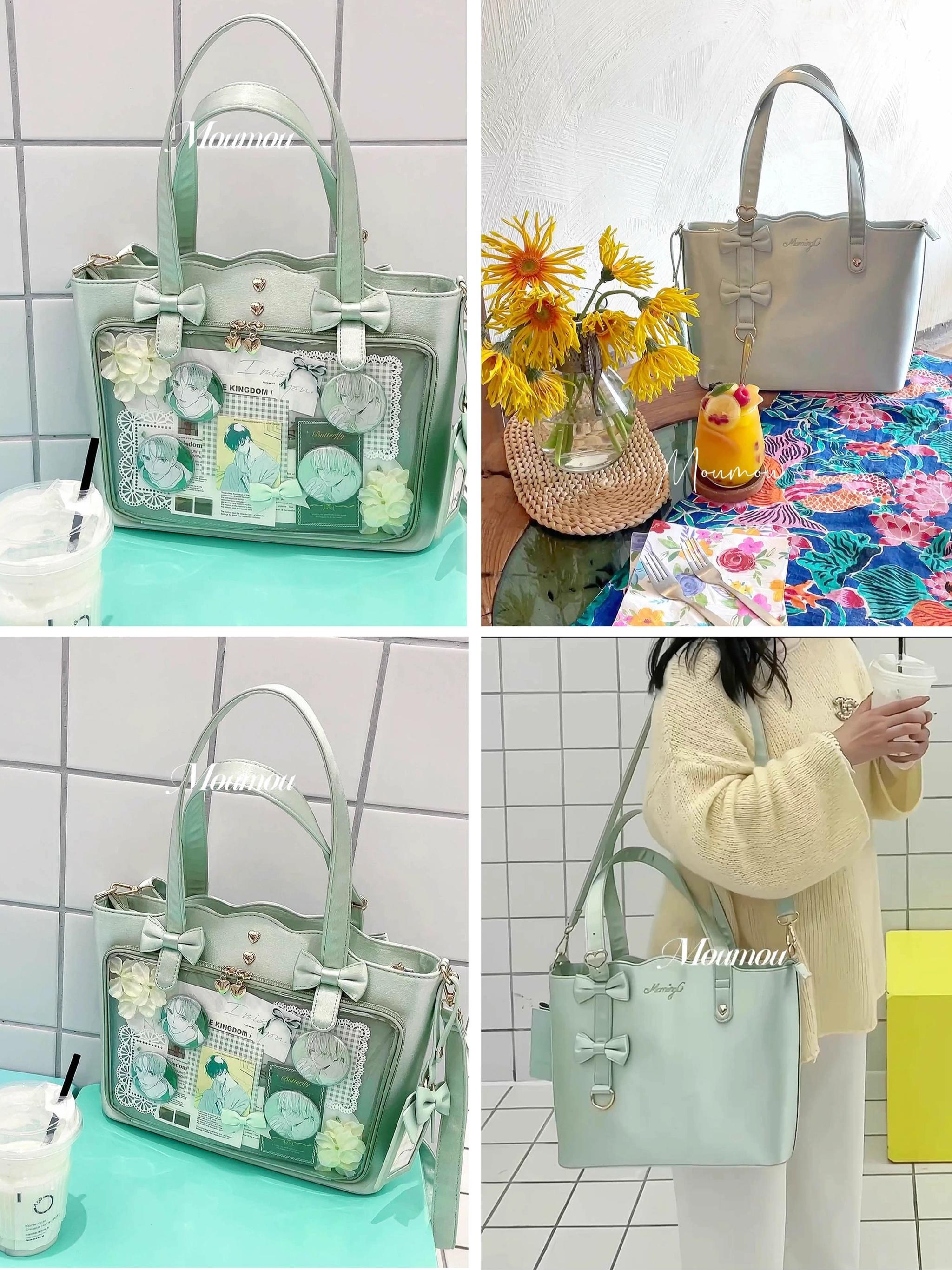Jirai Kei ita bag complete color collection swatch showing all available color variants—black, white, pink, purple, red, dark blue, light blue, green, yellow, and silver options