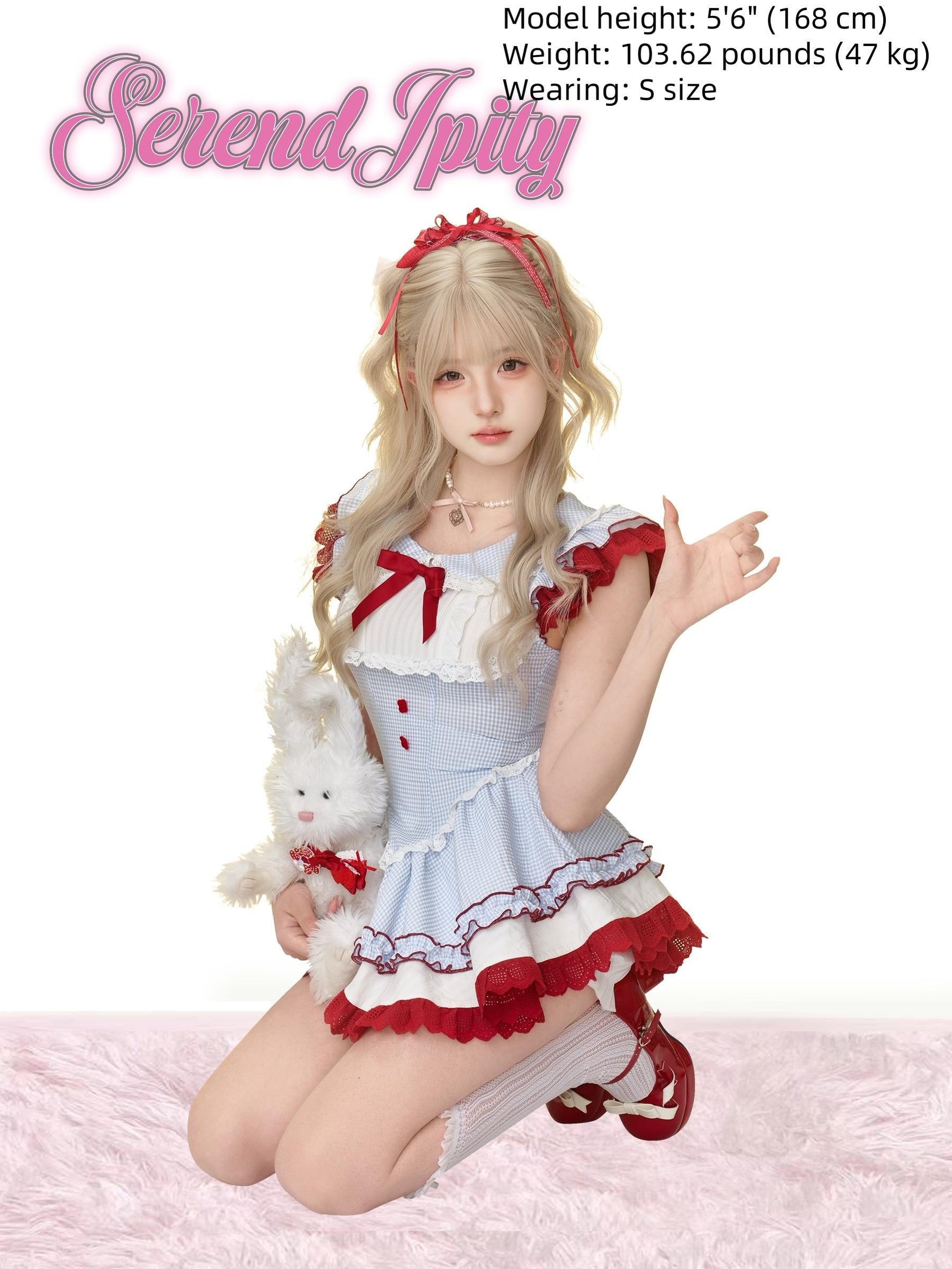 Kneeling pose of sweet gyaru maid dress with ruffled mini skirt red collar bow and pink fur backdrop styling