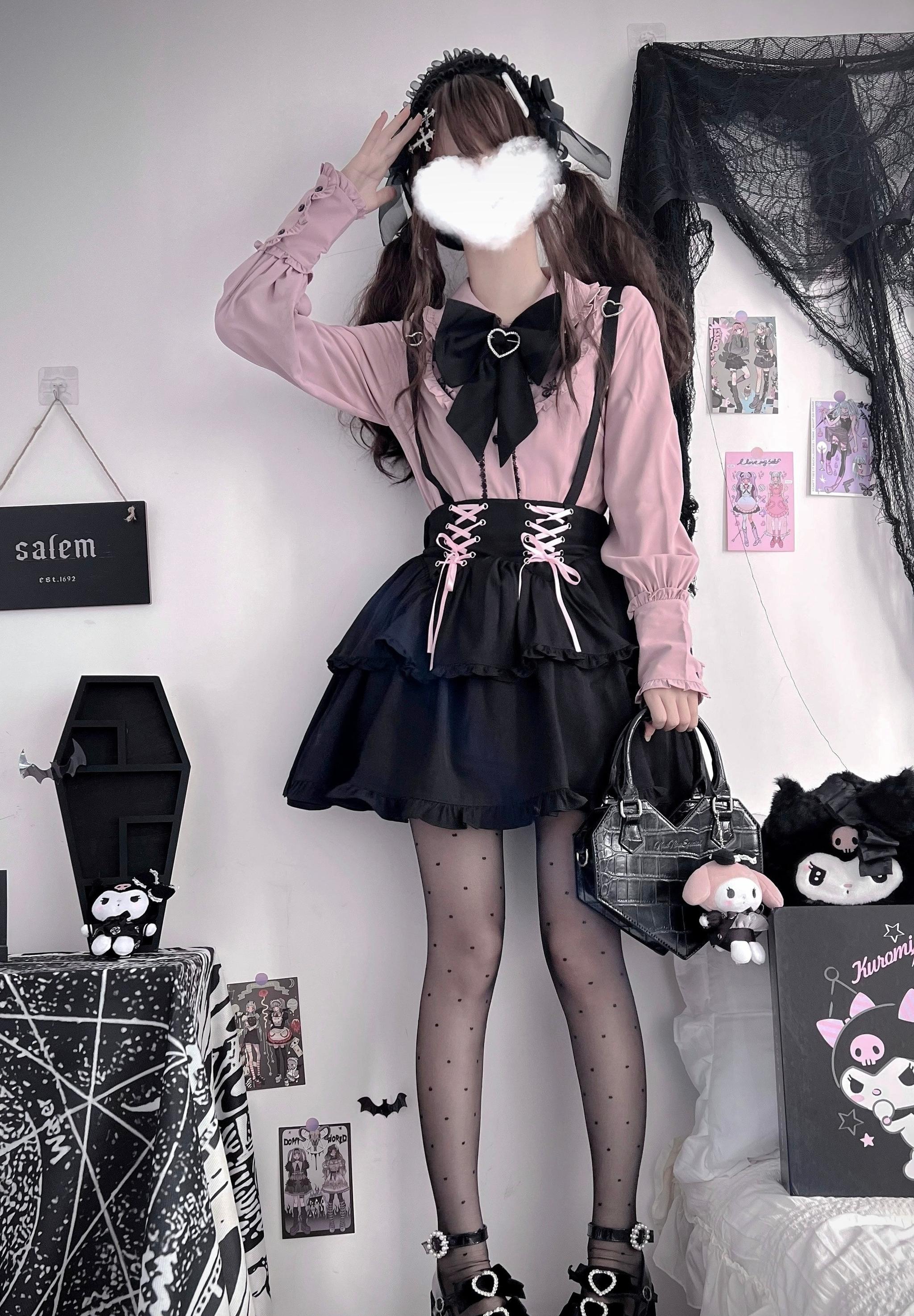 Gothic Jirai Kei full outfit coordination featuring polka dot tights, themed handbag with character charms, spooky gothic indoor decor, complete aesthetic styling