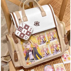 Itabag school backpack close-up front view highlighting embroidered logo on flap and clear merchandise display panel with anime peripherals