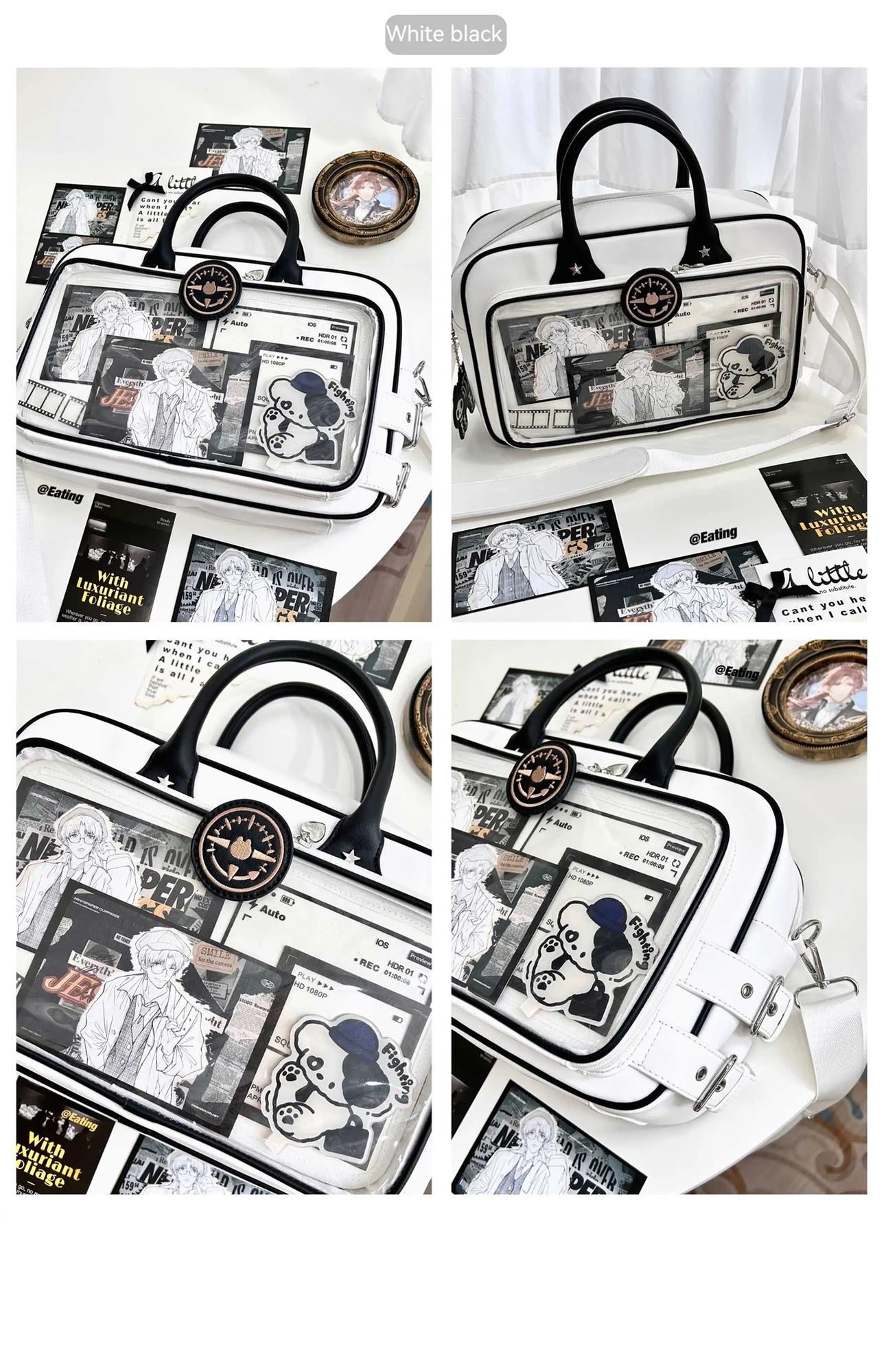 White and black Jirai Kei ita shoulder bag with high-contrast color blocking and transparent anime print display compartment on studio desktop setup
