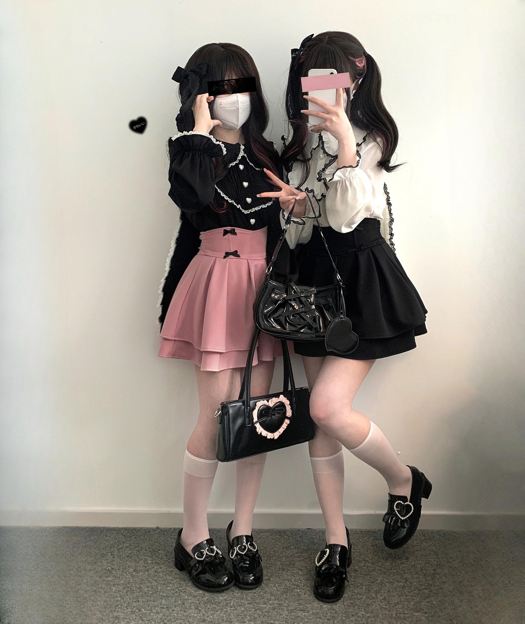 Jirai Kei long sleeve blouse pink skirt coordinate full body front view cute aesthetic