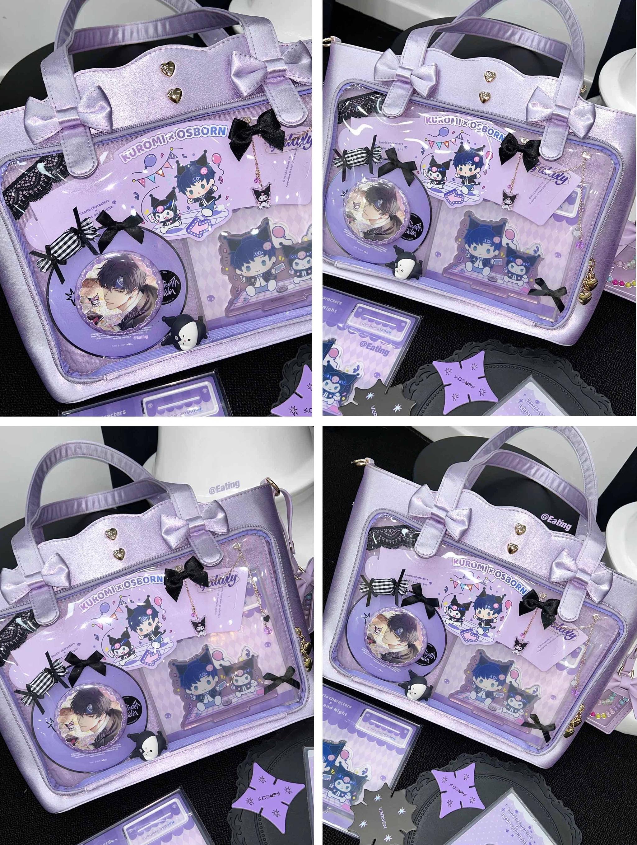 Jirai Kei ita bag crossbody wearing position demonstration showing comfortable fit, strap adjustment with metal heart buckle, and hands-free carrying convenience for daily activities