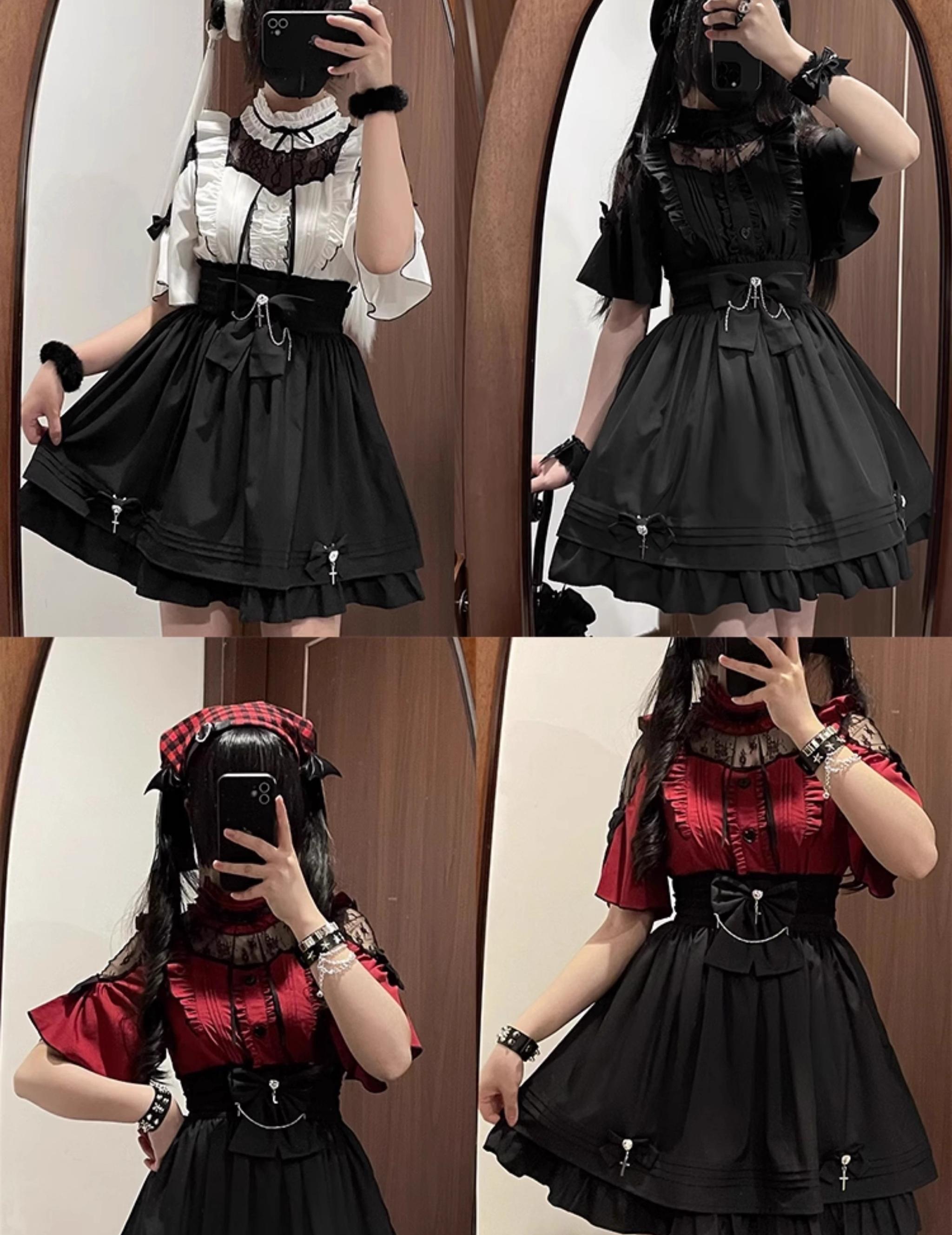 Detailed close-up view of jirai kei outfit set showing lace shoulder construction, heart-shaped button decor, bow details and rhinestone cross pendant embellishment