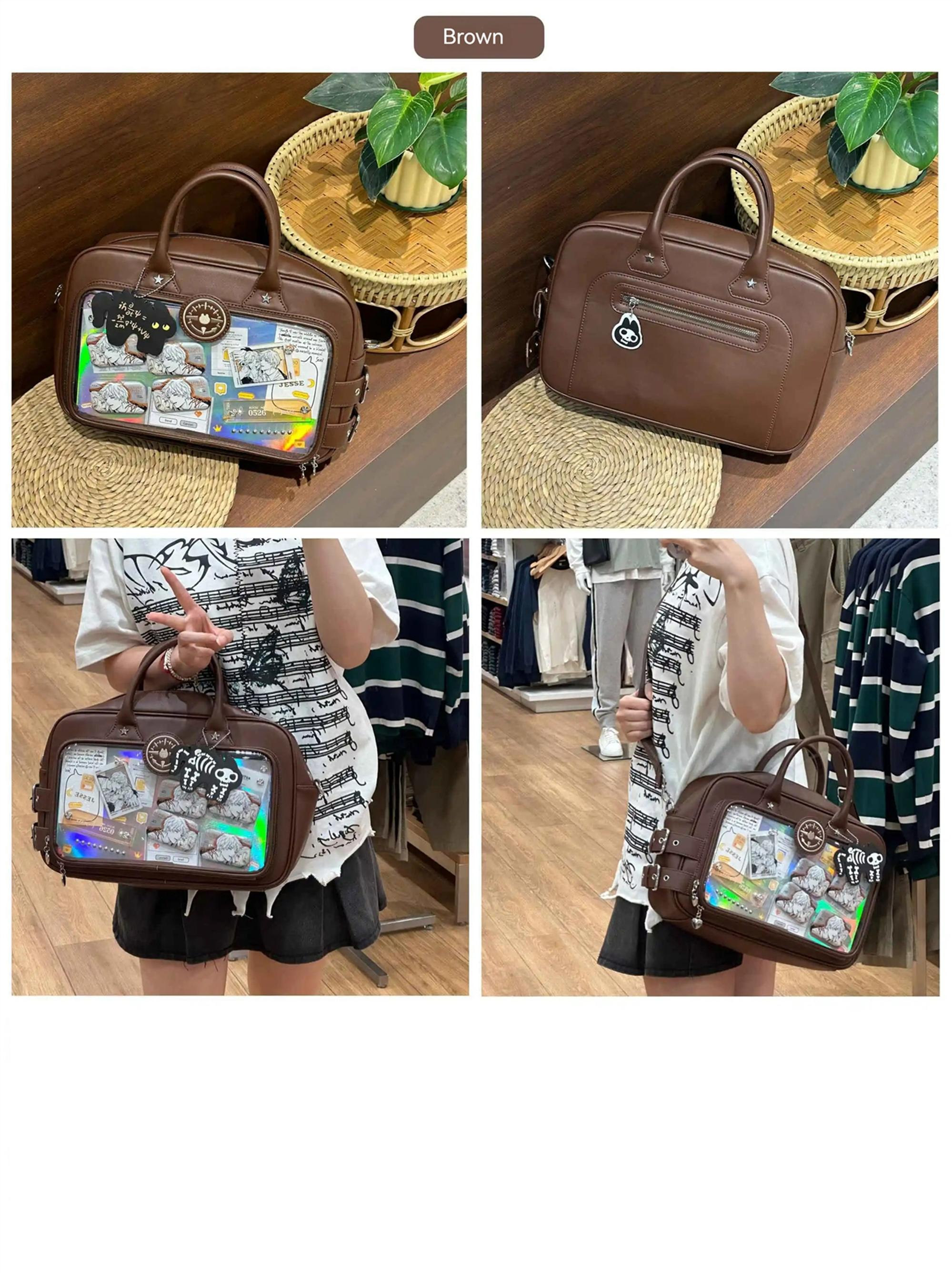 Brown leather Jirai Kei ita crossbody bag with smooth finish, mixed flat lay and indoor lifestyle shots showing optional display panel and cafe setting