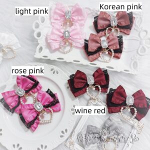 Multiple color variants of Jirai Kei heart pearl hair clips displayed on white ceramic plates showing wine red rose pink and korean pink shades with pearl heart pendants