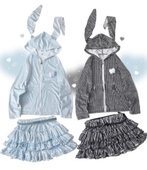 Black and light blue striped jirai kei hoodie skirt set flat lay overhead view showcasing bunny ear hood design and triple layer ruffle skirt construction
