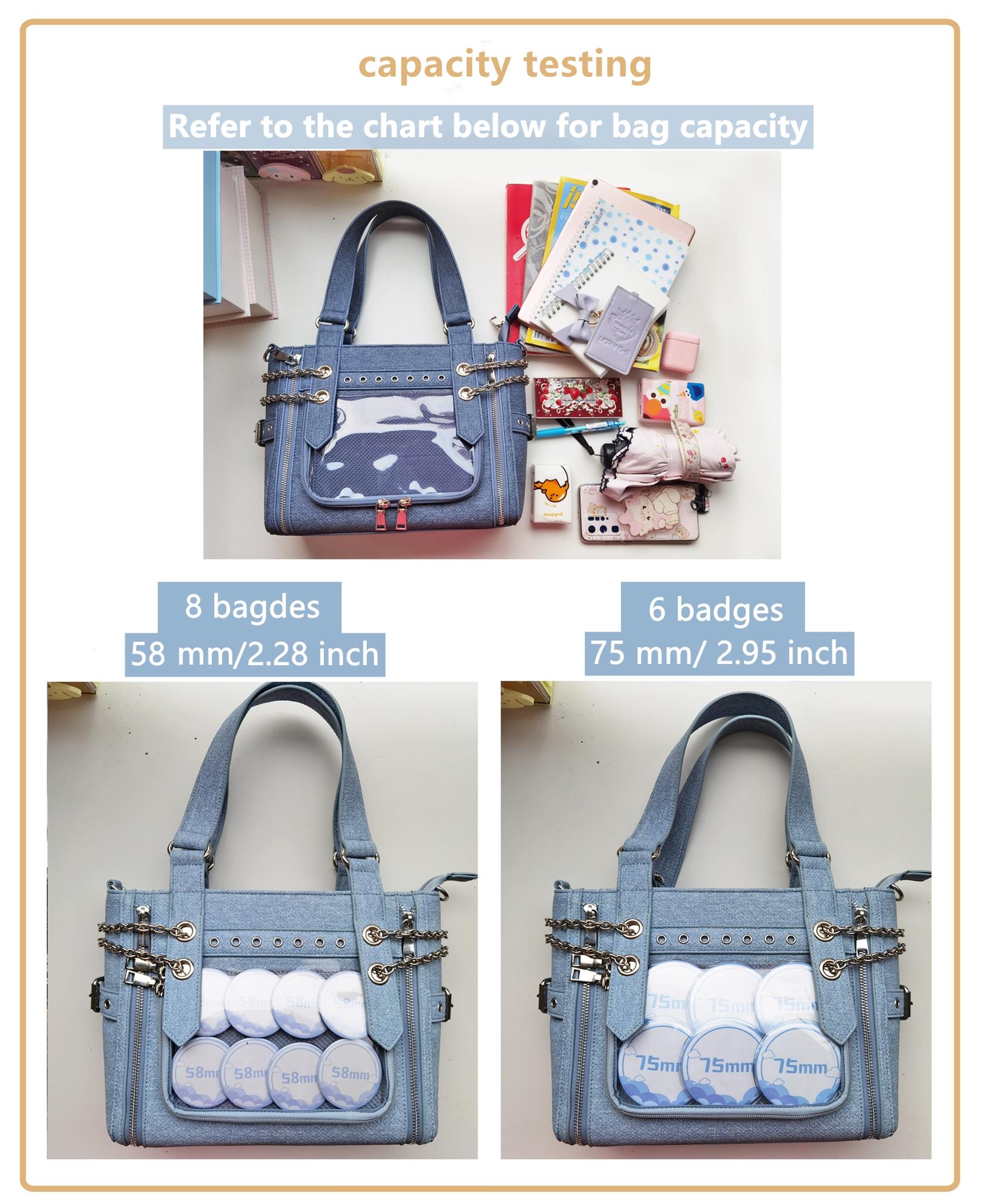 Jirai Kei ita bag sizing comparison chart dimensions measurements inches centimeters specifications reference