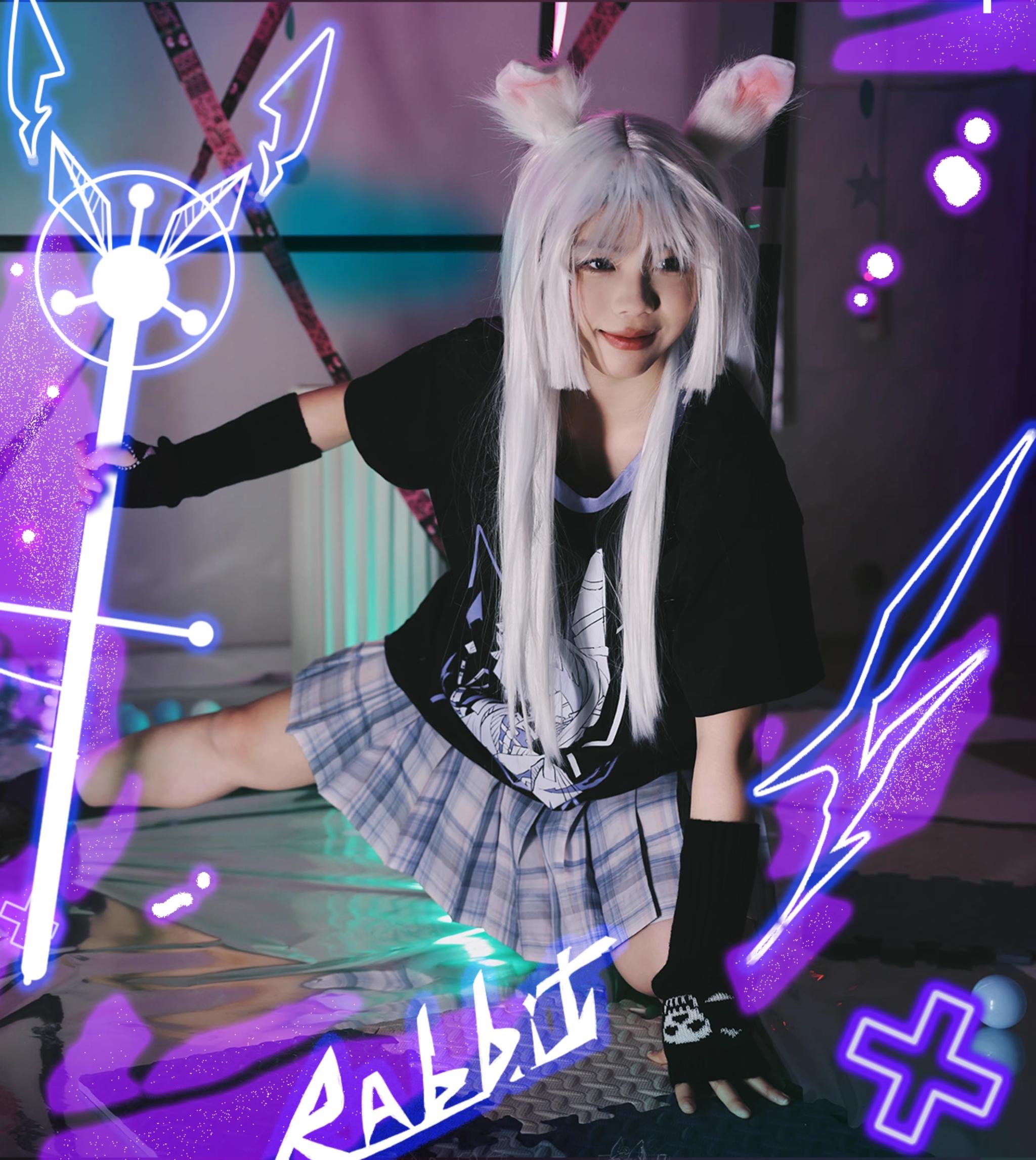 Cyber mechanical rabbit tee and violet pleated skirt kneeling front view model with fluffy rabbit ears glowing staff and skull patterned gloves