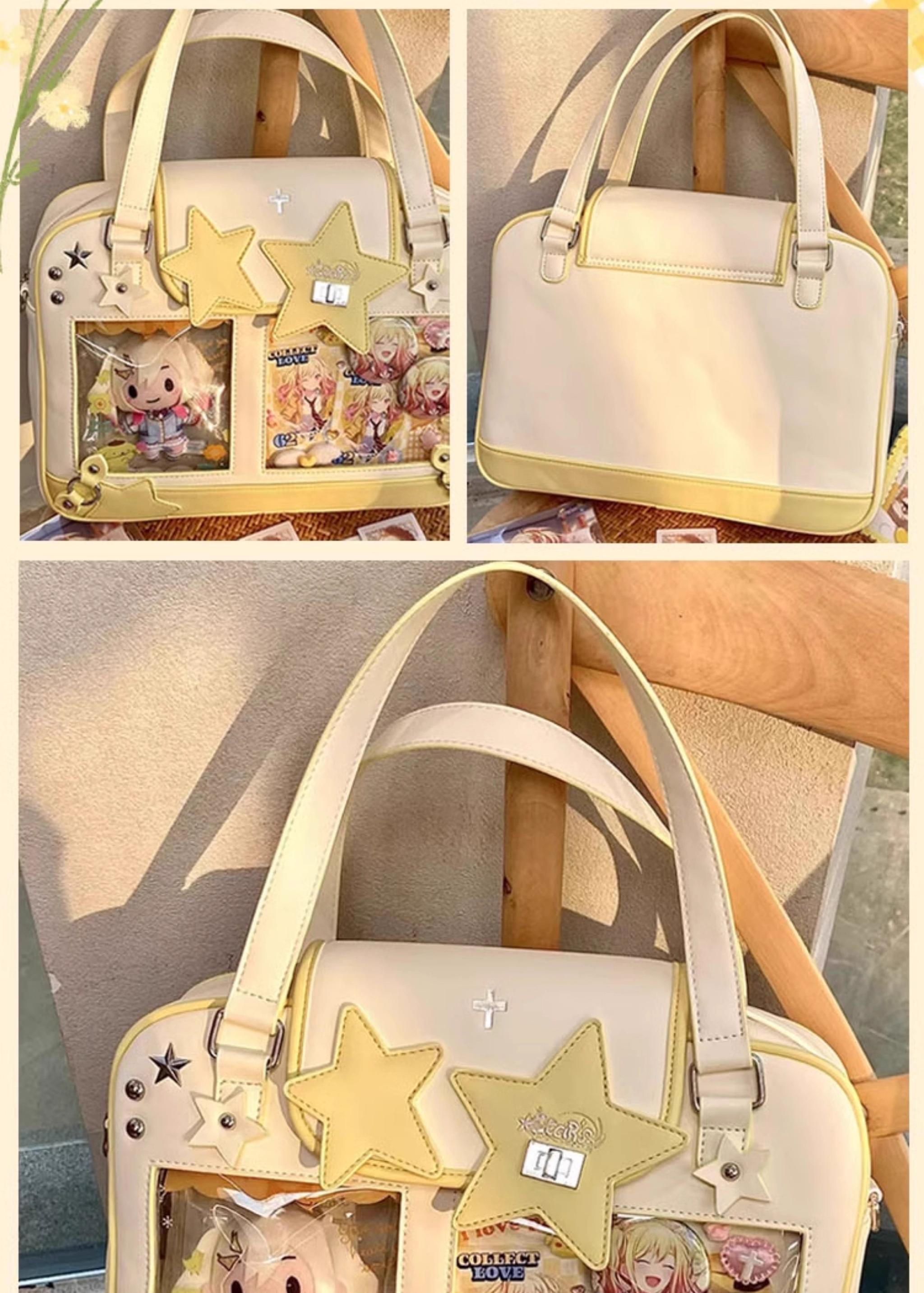 Beige yellow star Jirai Kei itabag multiple display angles front back side views with anime cards