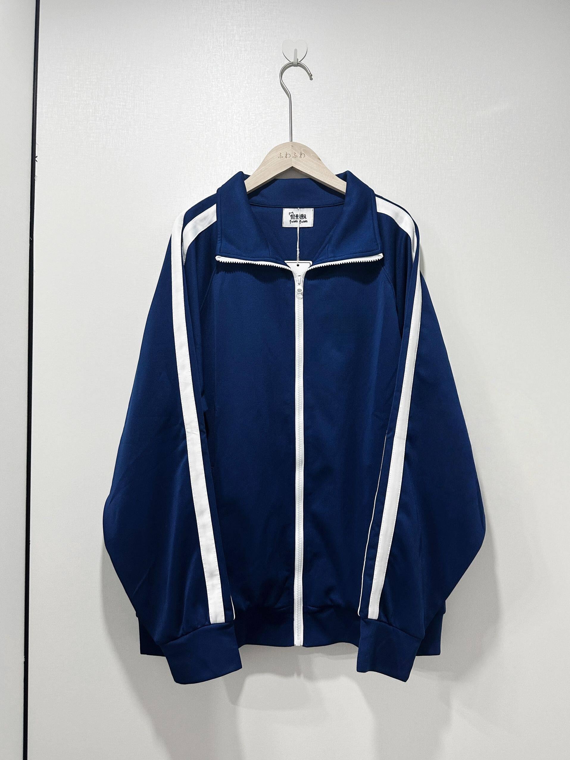 Navy sports jacket without name label version showcasing clean minimalist design, white sleeve stripe details, suitable for mix-and-match Jirai Kei wardrobe styling, product display