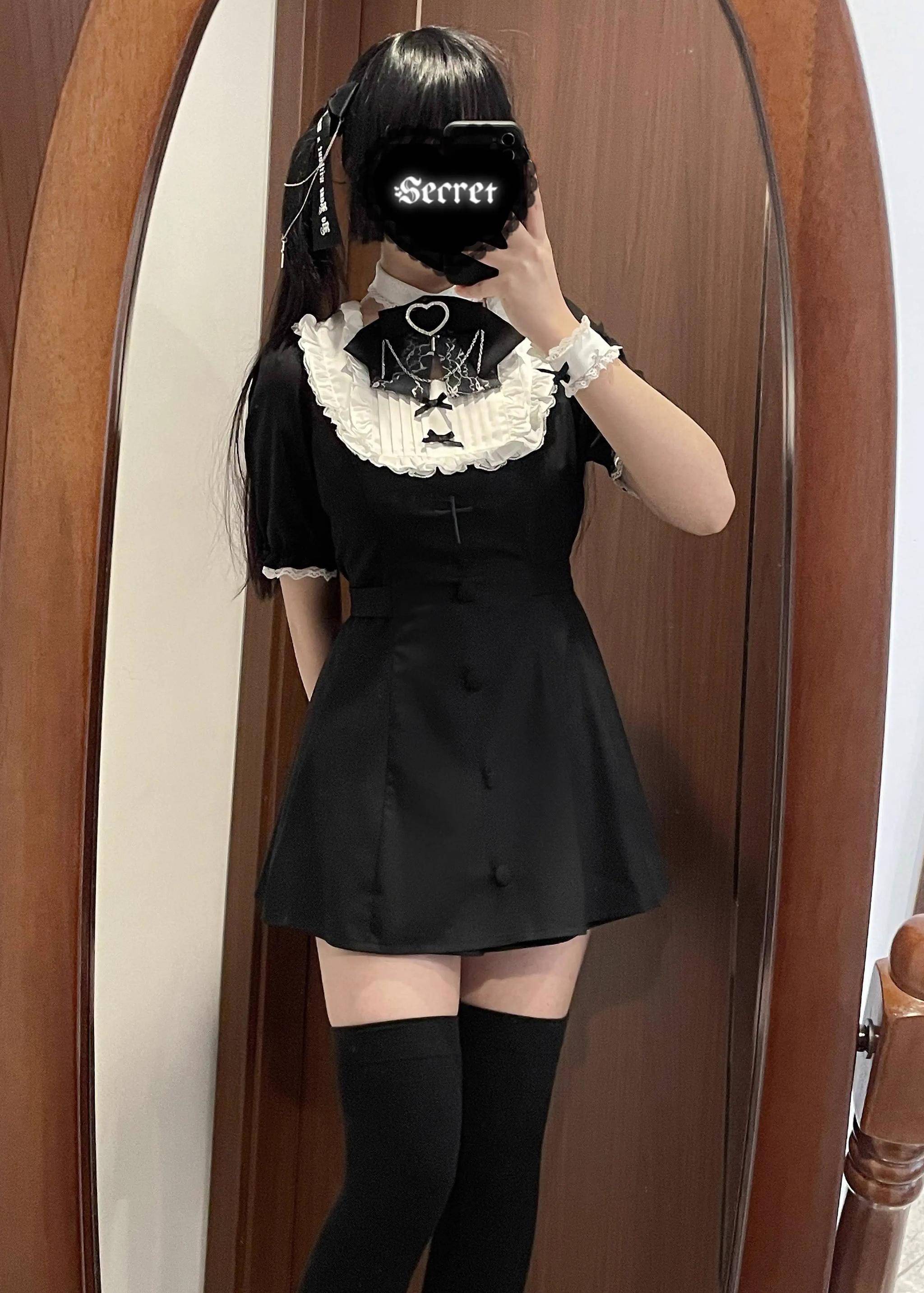 Black Jirai Kei mini dress shorts set with a-line cut and thigh-high stockings front button decorative details