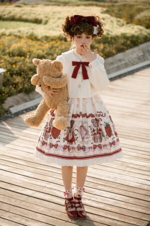 Strawberry bear jirai kei winter coat and jsk dress set front full-body view cream white wine red lolita ensemble outdoor photoshoot